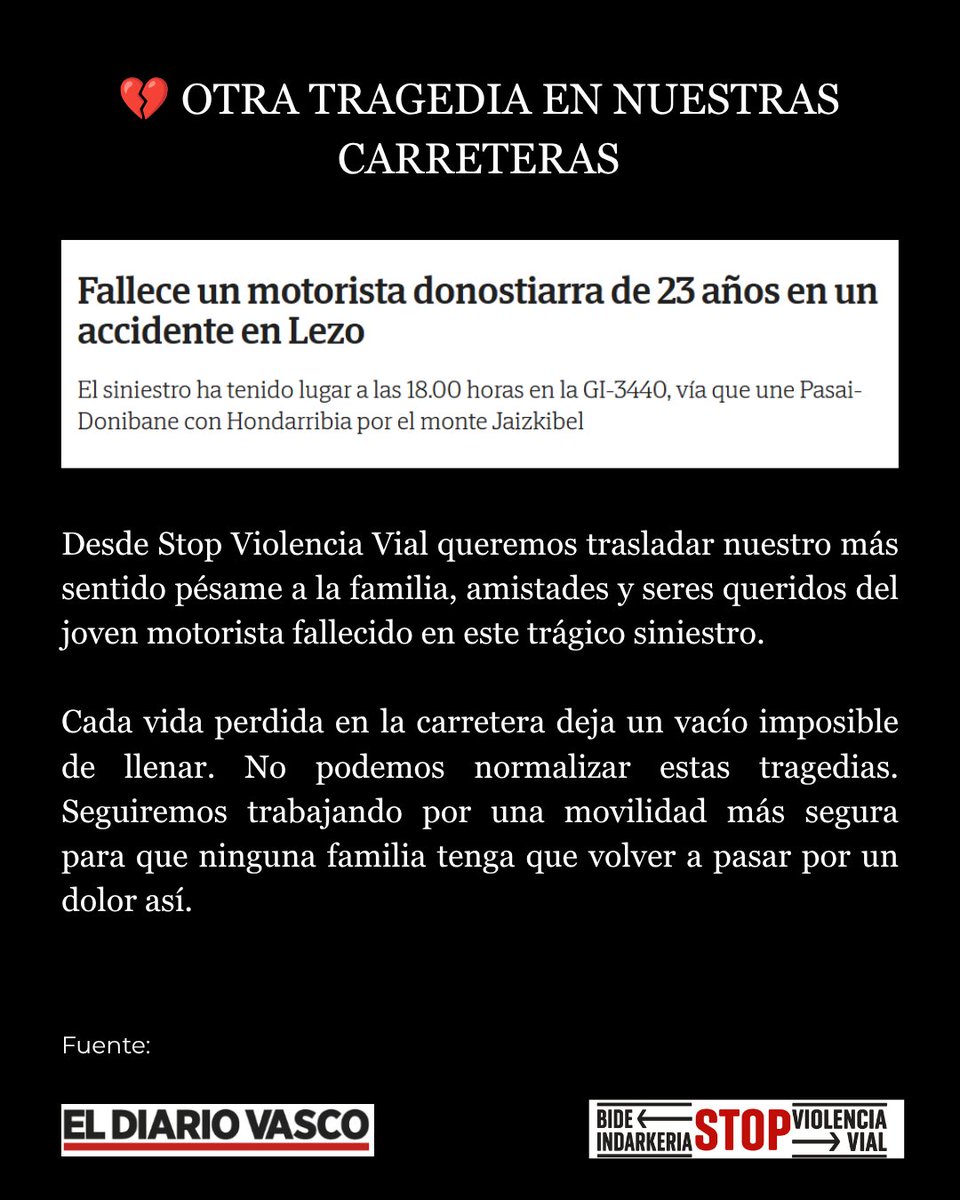 bide_indarkeria's tweet photo. 🖤 Desde la Asociación Stop Violencia Vial lamentamos profundamente el fallecimiento del joven motorista de 23 años que ha perdido la vida en la carretera de Jaizkibel, en Lezo. 

Descansa en paz. 🕯️

#carreteras #Stopviolenciavial #educacionvial #pesame #seguridadvial https://t.co/9sRuh88krS