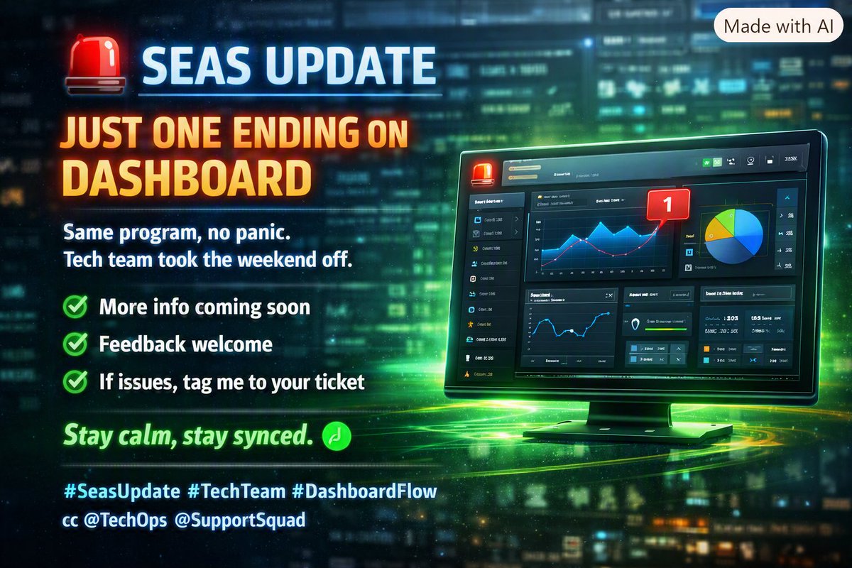 MondolMilo9561's tweet photo. @insoblokai $INSO
Season update: just one ending on dashboard.
Same program, no panic. Tech team took the weekend off.π More info coming soon
π Feedback welcome
π If issues, tag me to your ticketStay calm, stay synced. π’#SeasUpdate #TechTeam #DashboardFlow
@TechOps @SupportSquad