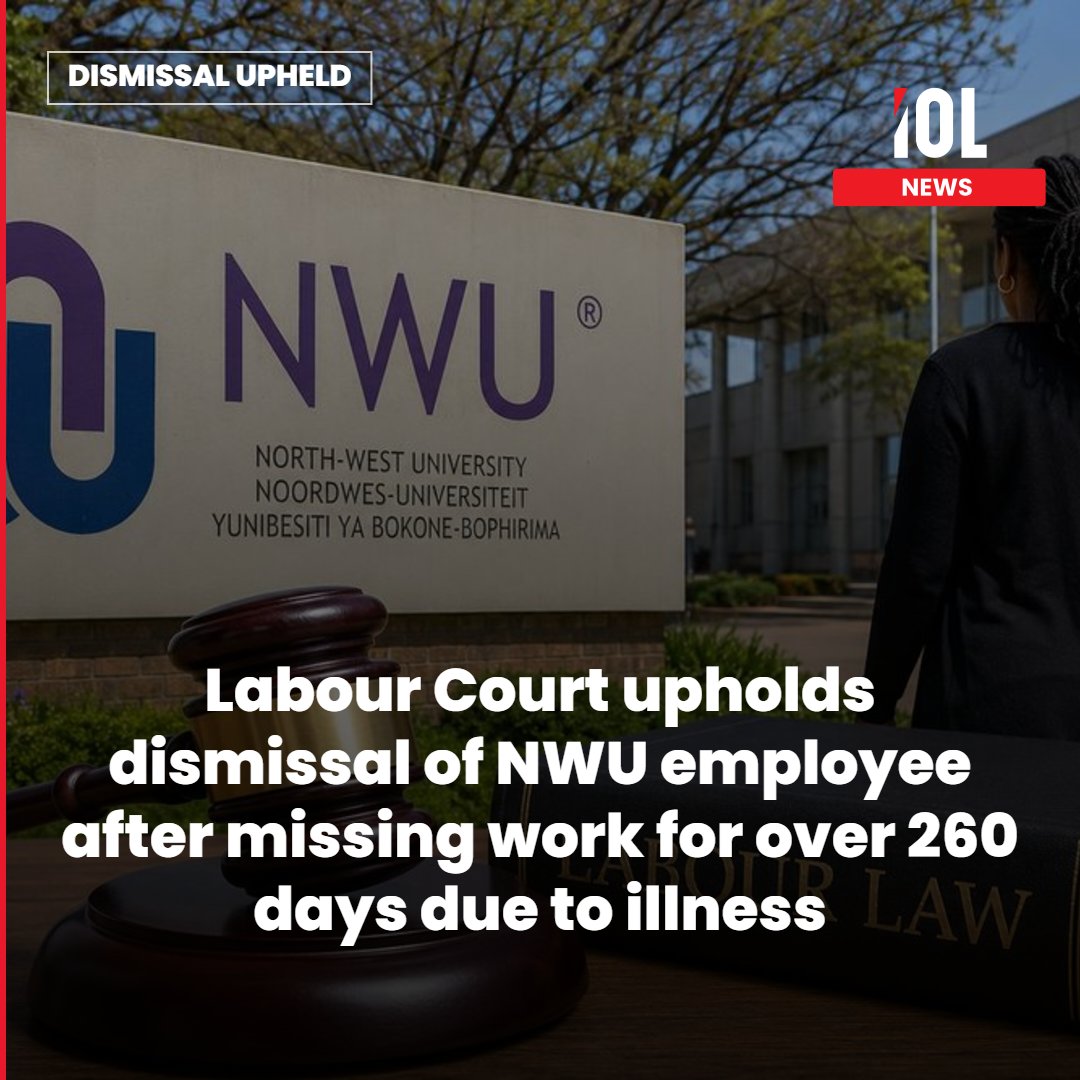IOL's tweet photo. The Labour Court in Johannesburg has ruled against a former North-West University employee who was dismissed after missing work for more than 260 days over a two-year period.
Read on https://t.co/R2vK0tZJoz
#LabourCourt #NWU #LabourDispute https://t.co/wFetj3XbTS