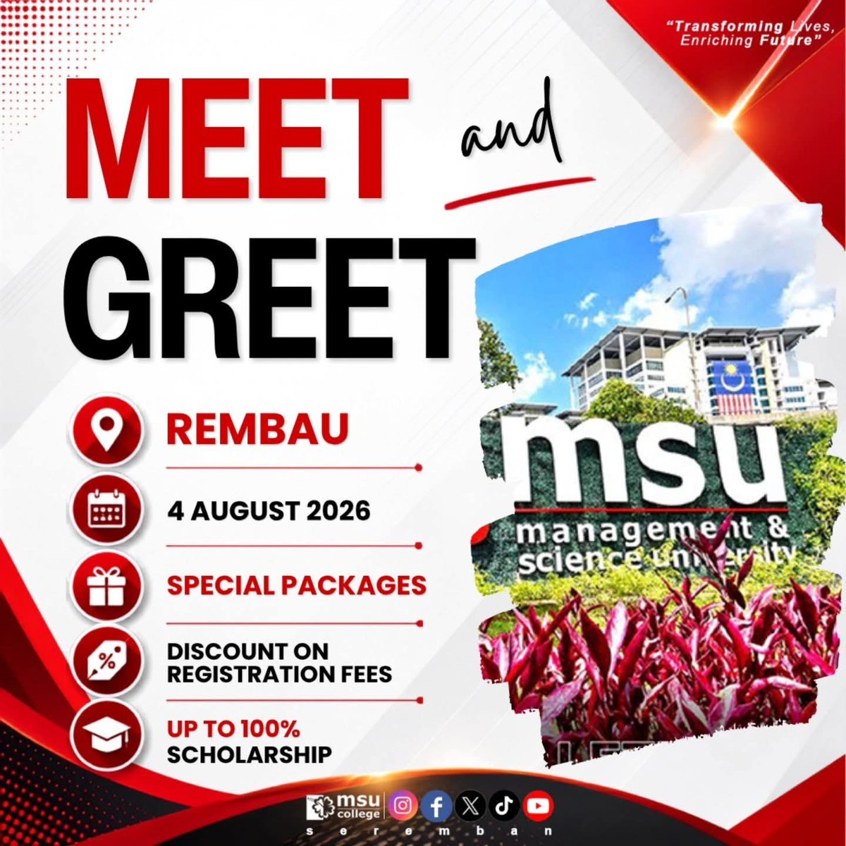 msucseremban's tweet photo. MEET &amp; GREET @ REMBAU

📅 4 August 2026

Thinking about your next step after SPM, STPM, Diploma or Degree? Come and meet our Academic Counsellors to discover the best study pathway for you!

✨ Special Packages Available
✅ Discount on Registration Fees
🎓 Up to 100% Scholarship https://t.co/Qbcrl495ur