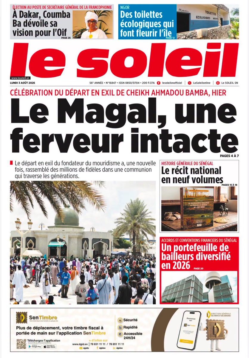 Mo_Njaay's tweet photo. #RevueDePresseSn du Lundi 3 Août 2026. Excellente semaine à toutes et à tous. #Senegal,#LeSoleilSn,#WalfQuotidien,#LibérationSn,#YoorYoorbi https://t.co/w7vu1zR6d3