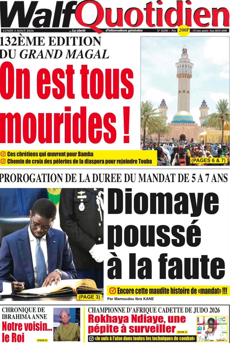 Mo_Njaay's tweet photo. #RevueDePresseSn du Lundi 3 Août 2026. Excellente semaine à toutes et à tous. #Senegal,#LeSoleilSn,#WalfQuotidien,#LibérationSn,#YoorYoorbi https://t.co/w7vu1zR6d3