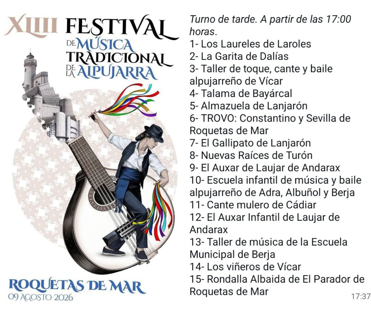 AAbuxarra's tweet photo. Calendario de las actuaciones del XLIII Festival de Música Tradicional de la Alpujarra que se celebra el 9 de agosto de 2026 en Roquetas de Mar. https://t.co/A6qj8h22nG