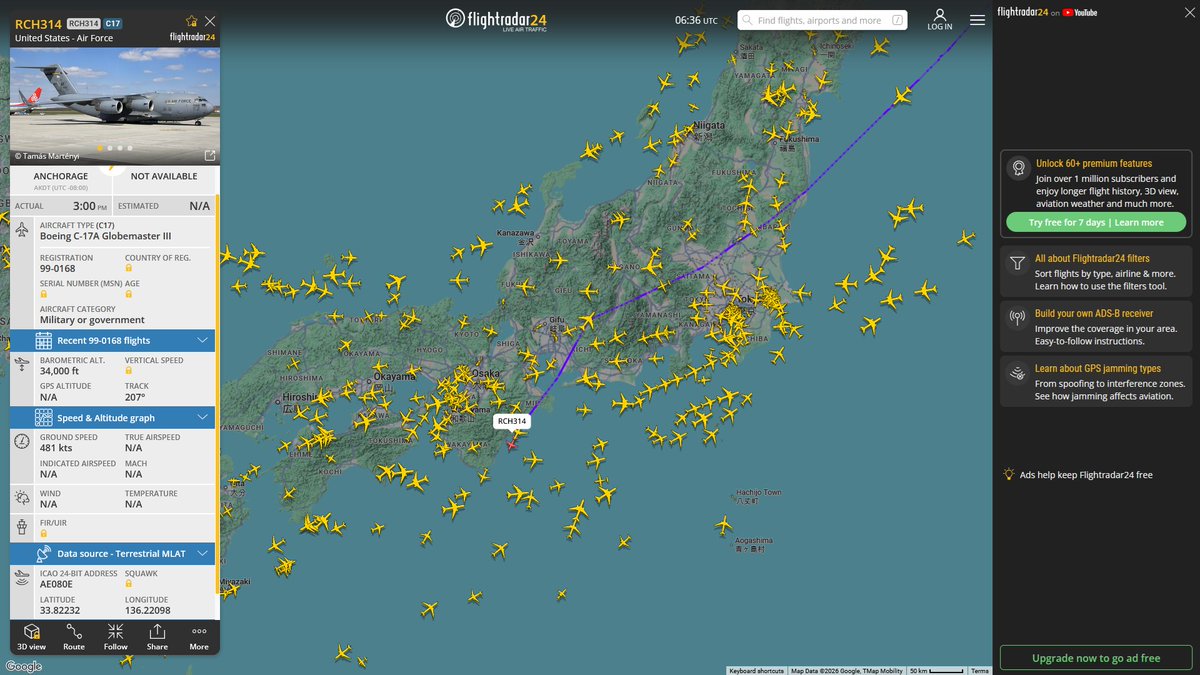 AIYeyENGDdJkjTr's tweet photo. Aug. 3, 2026
#Anchorage Elmendorf Air Force Base ==> #Okinawa Kadena Air Base
#RCH314 #AE080E USAF C-17A Globemaster III https://t.co/ZRVlTslsRn