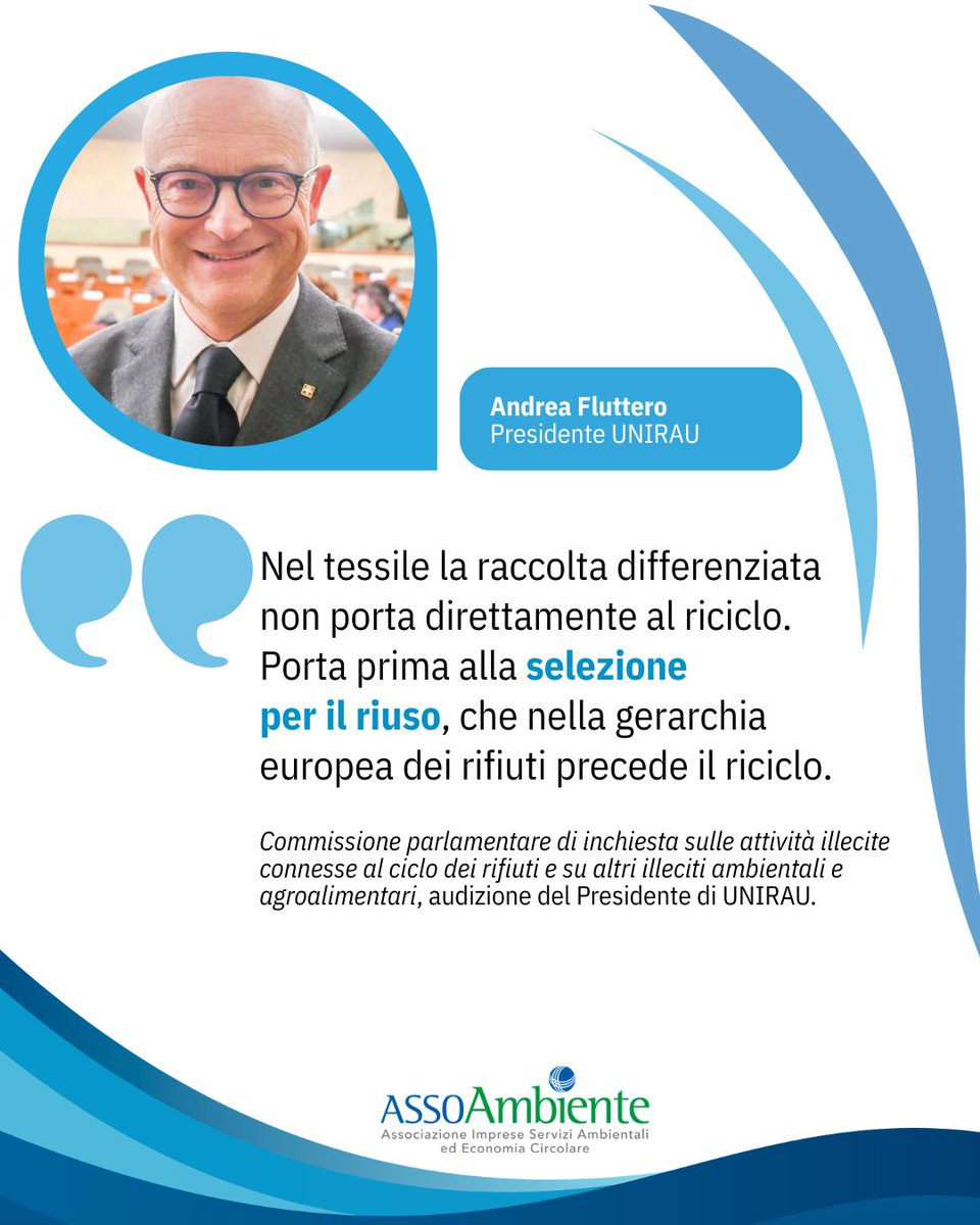 assoambiente's tweet photo. La selezione è il cuore della filiera dei rifiuti tessili. Negli impianti specializzati i materiali raccolti vengono suddivisi, igienizzati e classificati in base al loro stato di conservazione. I prodotti ancora idonei vengono preparati per il mercato del riuso, mentre la frazione non riutilizzabile è avviata ad altre forme di recupero.

Nel corso dell'audizione presso la Commissione parlamentare di inchiesta sul ciclo dei rifiuti, il Presidente di Unirau, Andrea Fluttero, ha richiamato l'attenzione sul ruolo strategico di questa fase, essenziale per valorizzare i materiali, garantire la tracciabilità dei flussi e migliorare l'efficienza dell'intera filiera.

#QuoteOfTheWeek