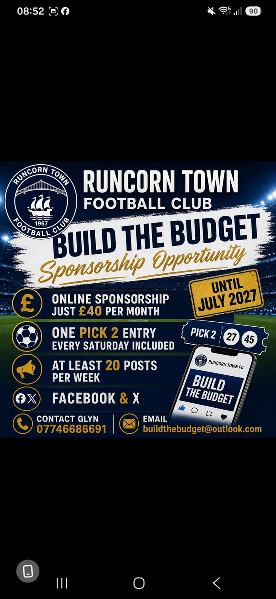runnerglynrtfc's tweet photo. From just £10 a week advertise with us @RuncornTown for @Pick2RTFC & be in with a chance of winning our jackpot every Saturday night.
The jackpot this week is over £150.00
#buildthebudget
#bepartofthejourney with us.
Interested? Leave a message below. https://t.co/8WAM2aXzTR