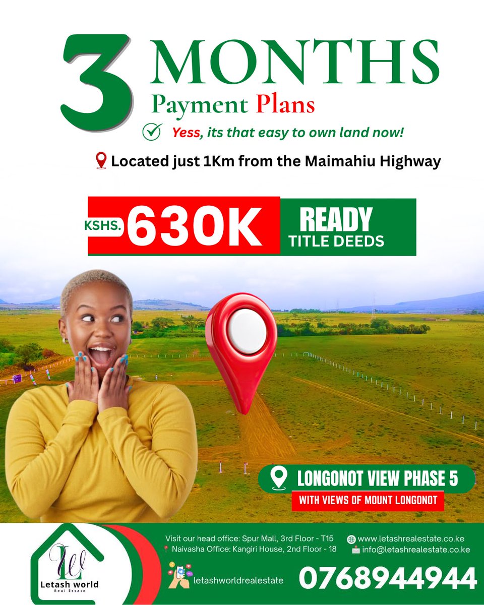 letashworld's tweet photo. Get your plot at Longonot View Phase 5 for just KSh 630K, with 3-month payment plans and ready title deeds. Located just 1km from Mai Mahiu Highway, with beautiful views of Mt. Longonot.
📞 0768 944 944
#LongonotViewPhase5 #Naivasha #LandForSale #LandInvestment #OwnLand https://t.co/l2qppYLoOD