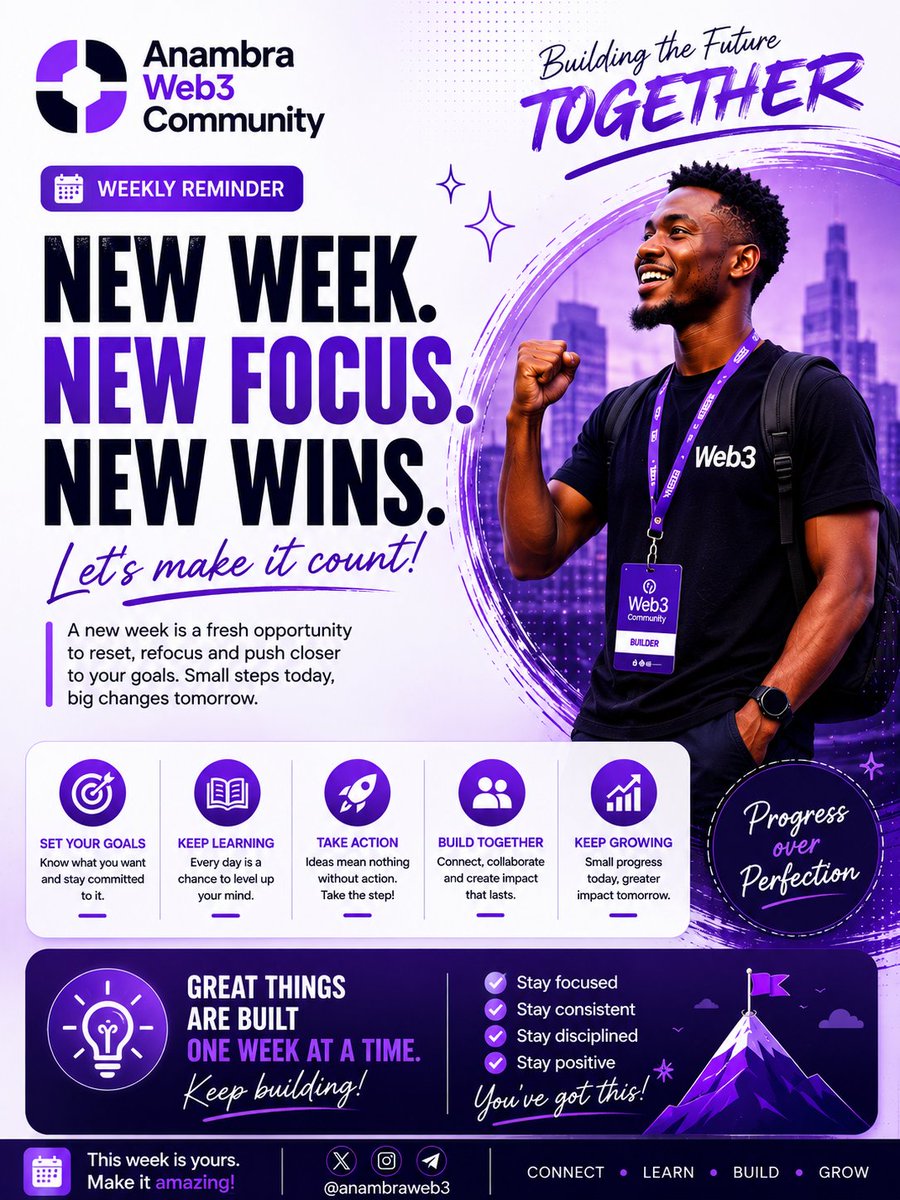 Anambraweb3's tweet photo. New Week. New Focus. New Wins.

A fresh week means fresh opportunities to grow, learn, and build. Stay consistent, trust the process, and let your progress speak for itself.

Make this week count! 💜🚀

#NewWeek #MondayMotivation #AW3C #KeepBuilding https://t.co/loxNxYKtpn