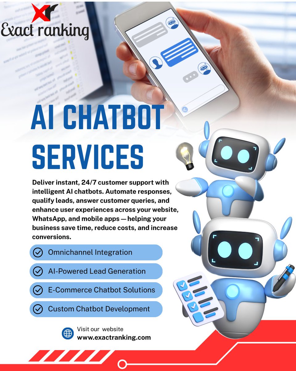 Shishpa62195843's tweet photo. 💚Enhance customer engagement and streamline business operations with intelligent AI chatbot solutions. 
#AIChatbotServices #ArtificialIntelligence  #AIAutomation  #WhatsAppChatbot #WebsiteChatbot #MachineLearning #DigitalTransformation #CustomSoftware  #MobileApp #ExactRanking https://t.co/oaJuoGVnlB
