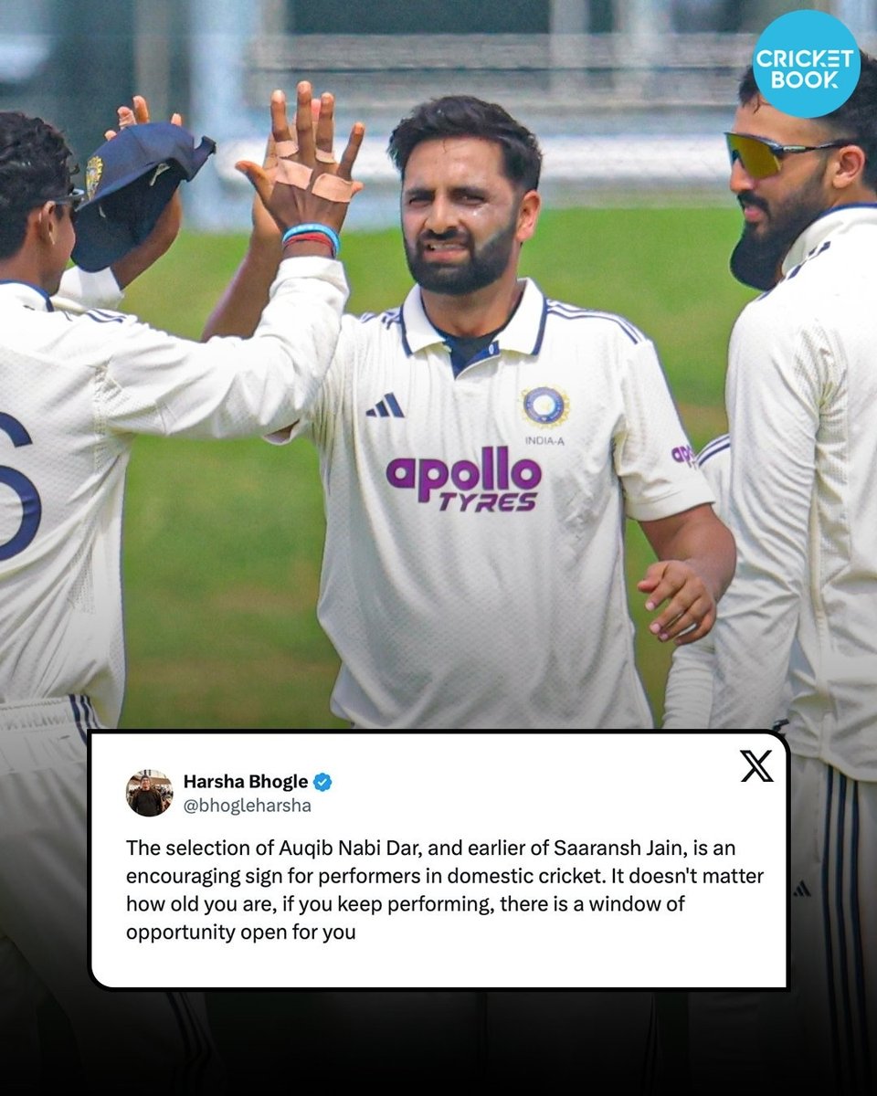TeamSportsBook's tweet photo. Harsha Bhogle backs domestic performers. 👏📷 The veteran commentator praised the selections of Auqib Nabi Dar and Saaransh Jain, saying domestic cricket continues to reward consistent performers—age is no barrier if the performances are there. 📷#HarshaBhogle #TeamIndia https://t.co/diqUrdFPsy