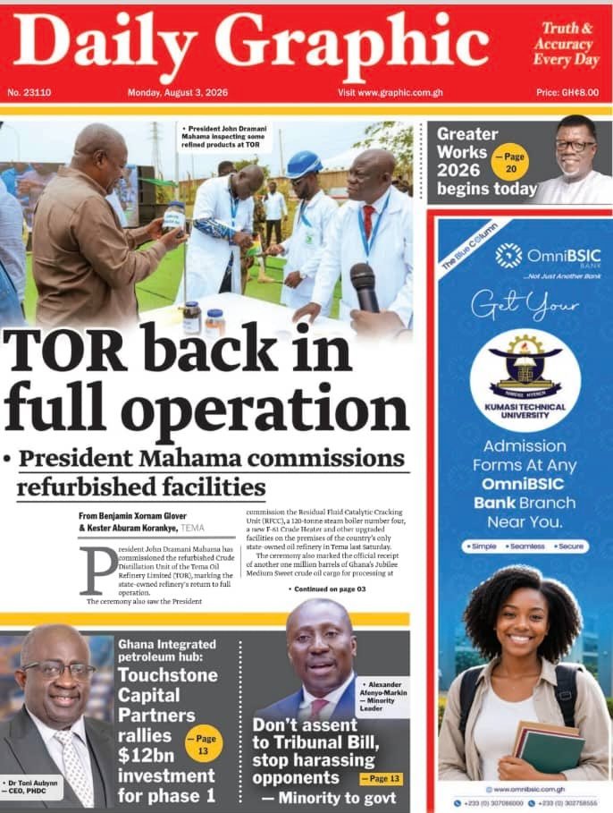 NkubanyeStephen's tweet photo. @mahama_godwin TOR Is Back!
Grab a copy of today's newspapers and read the remarkable story of Tema Oil Refinery Ltd.'s comeback.
What was once dismissed as a rumour is now a reality.
#TORIsBack #TORReset #RefiningTheFuture #MadeInGhana #EnergySecurity #JubileeCrude https://t.co/P7OFm2CTPv