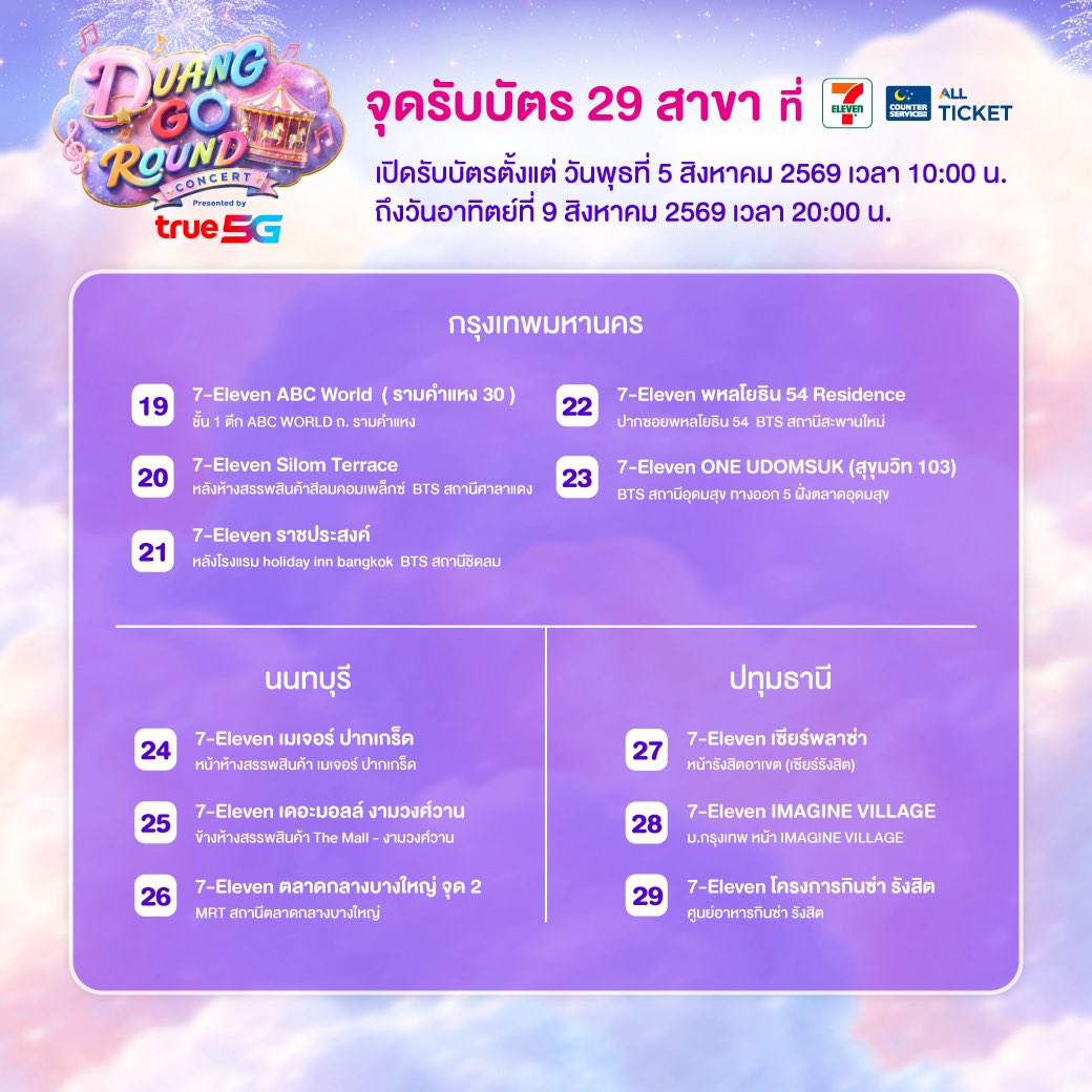 DomundiTV's tweet photo. 𝐃𝐔𝐀𝐍𝐆 𝐆𝐎 𝐑𝐎𝐔𝐍𝐃 𝐂𝐎𝐍𝐂𝐄𝐑𝐓 Presented by True5G 🎪✨

• วันและเวลาเปิดรับบัตรหน้างาน
• ช่องทางการรับบัตร
• วิธีการรับบัตร 
• จุดรับบัตร 29 สาขา

🗓️ : 15-16 AUGUST 2026
📍 : IMPACT Arena, Muang Thong Thani

DUANG CONCERT AT IMPACT
#DuangGoRoundConcert https://t.co/Yb1bbiczBE
