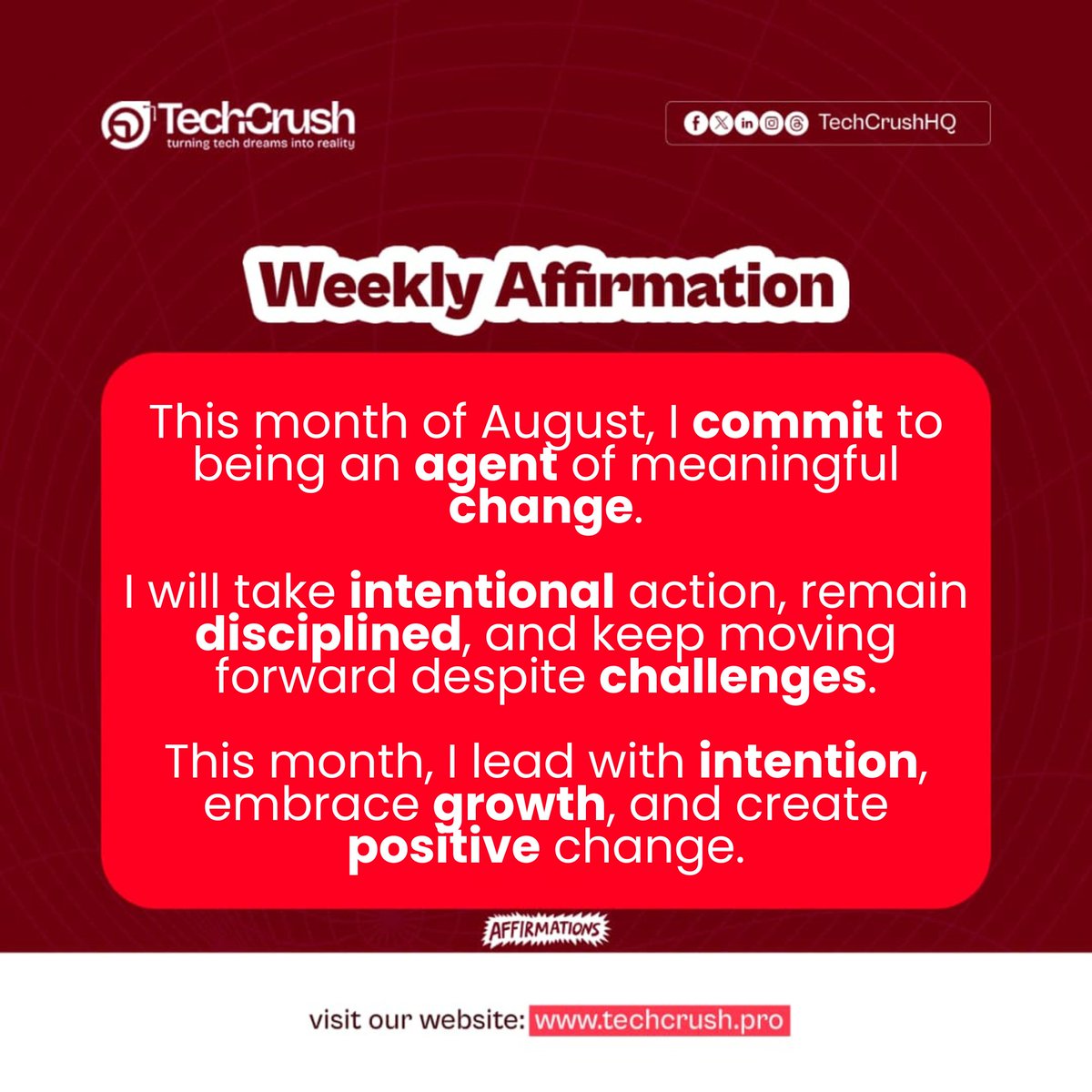 TechCrushHQ's tweet photo. Growth doesn’t just happen by luck, it happens by the decisions that you make each and every day. 

This month is the perfect chance for you to make decisions with intentionality, consistency, and to be who you strive to be.

 Make this August the month where you don’t wait for change instead you create it. 

What’s one thing that you are committing to yourself this month?
#TechCrush #WeeklyAffirmation #growth
