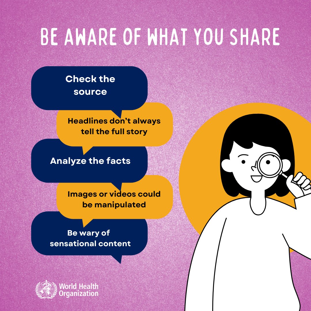 WHO's tweet photo. Be aware of what you read and share: 
☑️ Check the source
☑️ Headlines don't always tell the full story
☑️ Analyze the facts
☑️ Images or videos could be manipulated
☑️ Be wary of sensational content https://t.co/hLhEqEEImD