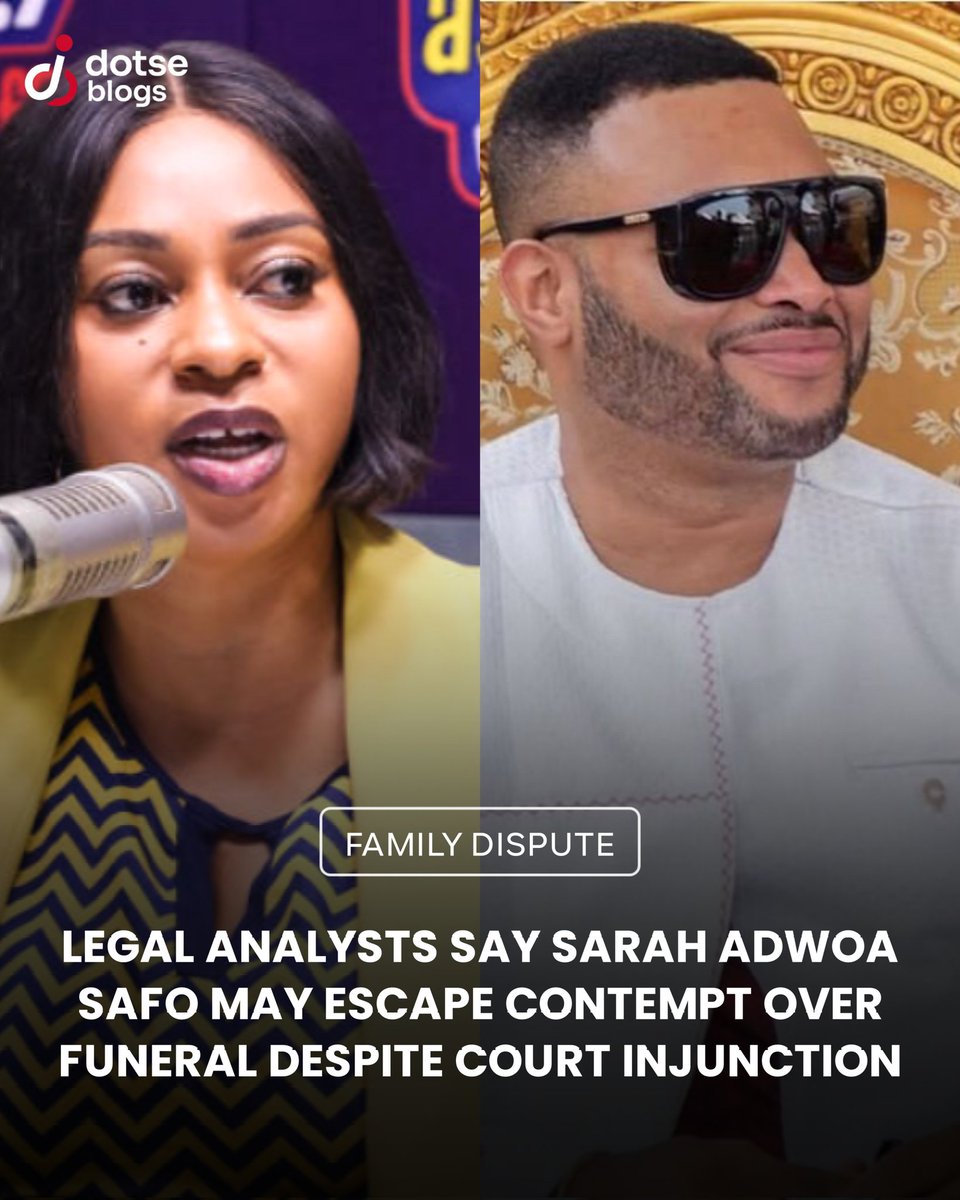 dotseblogs's tweet photo. Legal analysts have pointed out that Sarah Adwoa Safo may not be held in contempt of court over the funeral of her late father, Apostle Kwadwo Safo Kantanka, because there is no confirmation she was personally served with the 10-day interim injunction.

 Nana Kwadwo Safo Akofena’s side obtained the order from the Accra High Court on July 29, but analysts say a court bailiff must serve it directly. Without personal service or an application for substituted service, the law treats her as not having been served. The court will decide the matter.