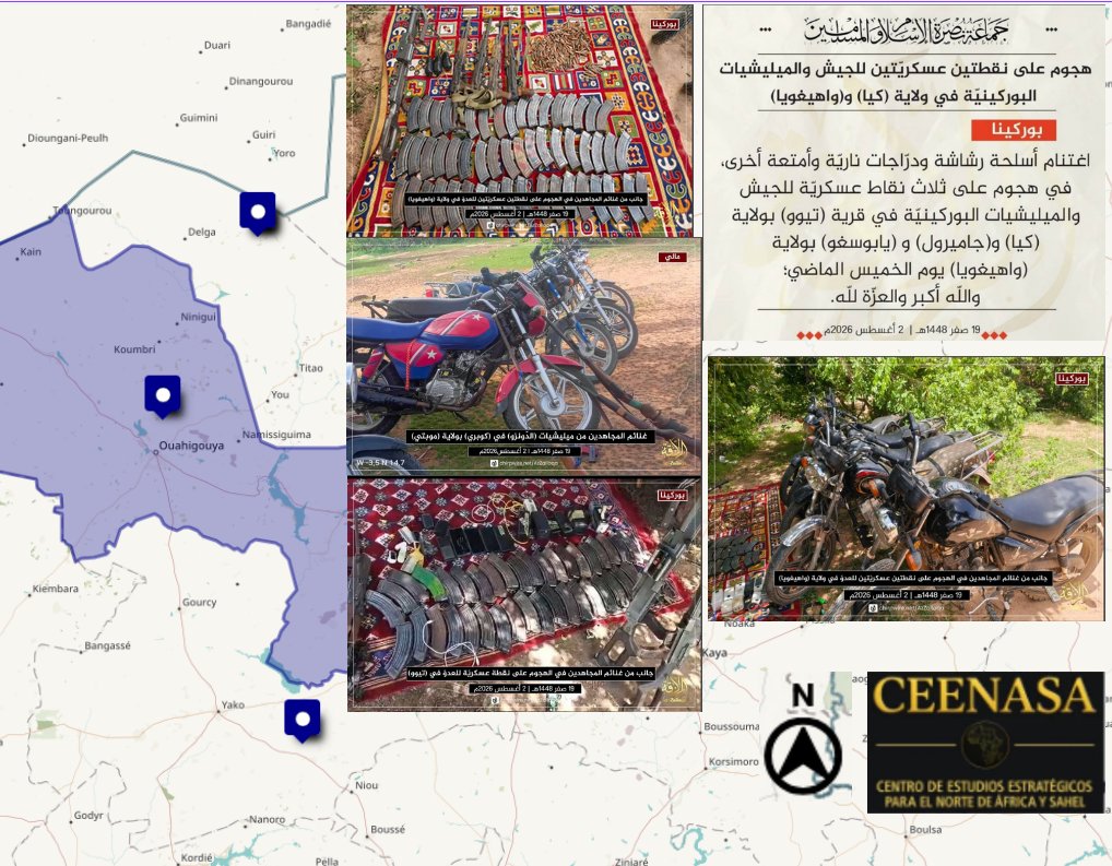 CEENASA396971's tweet photo. 🇧🇫 #Info #BURKINAFASO #Urgent 🇧🇫
On Sunday August the 2nd, #JNIM claimed to have attacked 3 s on three #Burkinabe military posts in #Tibou (#Kaya province), #Yabonsgo (#Ouahigouya province).
Were seized:
- Numerous motorcycles
- Several machine guns
- other equipment https://t.co/k3vwODE8VR