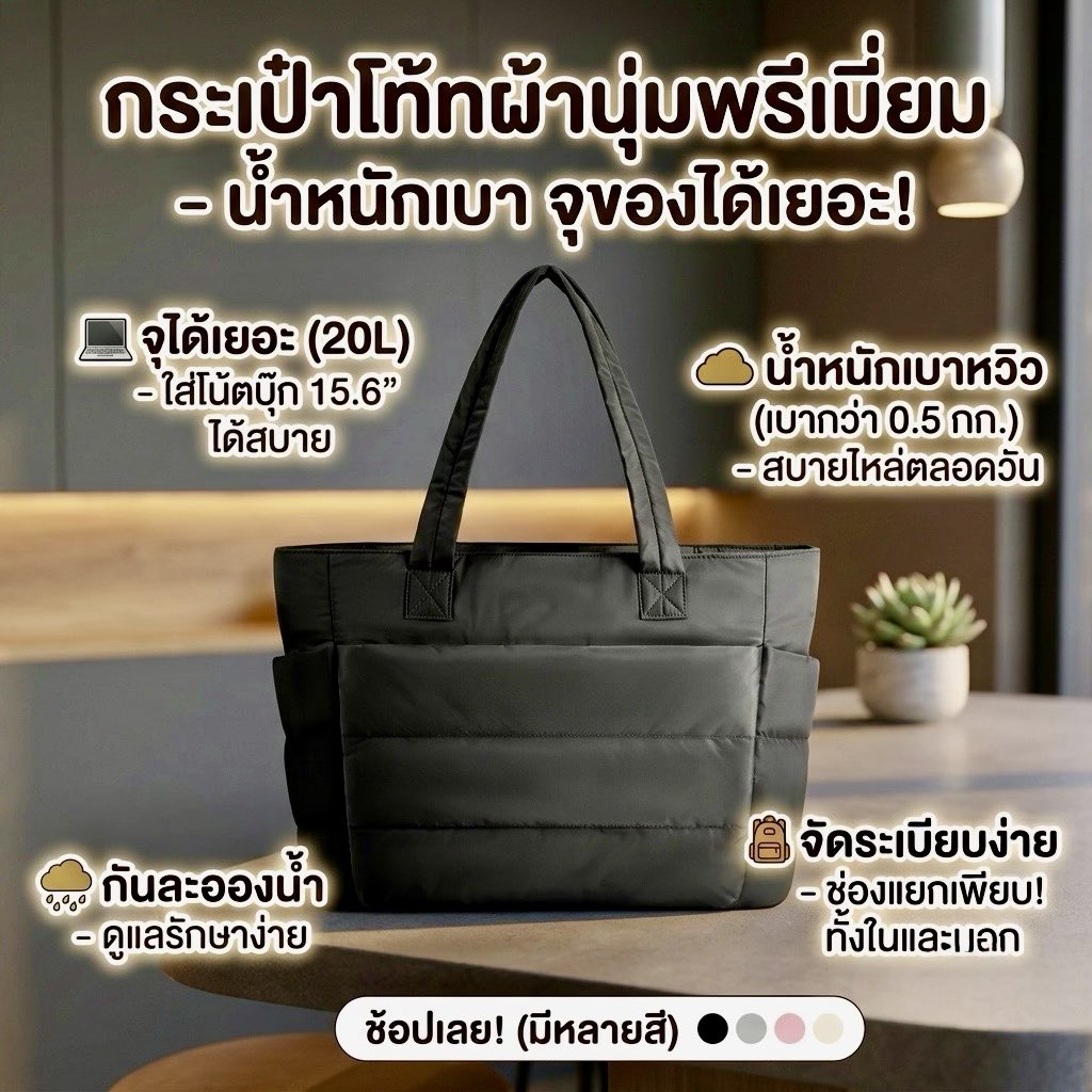 MYMISTE's tweet photo. ป้ายยากระเป๋าโท้ทผ้านุ่ม Puffer Tote 
สวย มินิมอล จุเยอะมาก! ☁️✨
🌟น้ำหนักเบาหวิว สายบุนวมไม่เจ็บไหล่
🌟ใส่ Laptop 15.6” ได้ มีช่องกันกระแทก
🌟ช่องเยอะมาก + ผ้ากันละอองน้ำ
🌟เสียบล็อกกับกระเป๋าเดินทางได้ด้วย
สายแบกต้องมีจริงๆ พิกัดในคอมเมนต์เลยน้า 📌👇 https://t.co/xBzsx9SydV