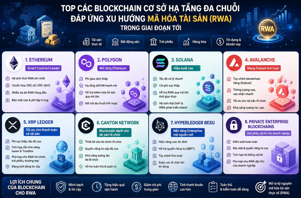 phamduydong179's tweet photo. 🚨 Top các blockchain cơ sở hạ tầng đa chuỗi đáp ứng xu hướng mã hóa tài sản (RWA) trong giai đoạn tới: 
- Ethereum
- Polygon
- Solana
- Avalanche
- XRP Ledger
- Canton Network
- Hyperledger Besu
- Private enterprise blockchains https://t.co/aL9N50n3fw