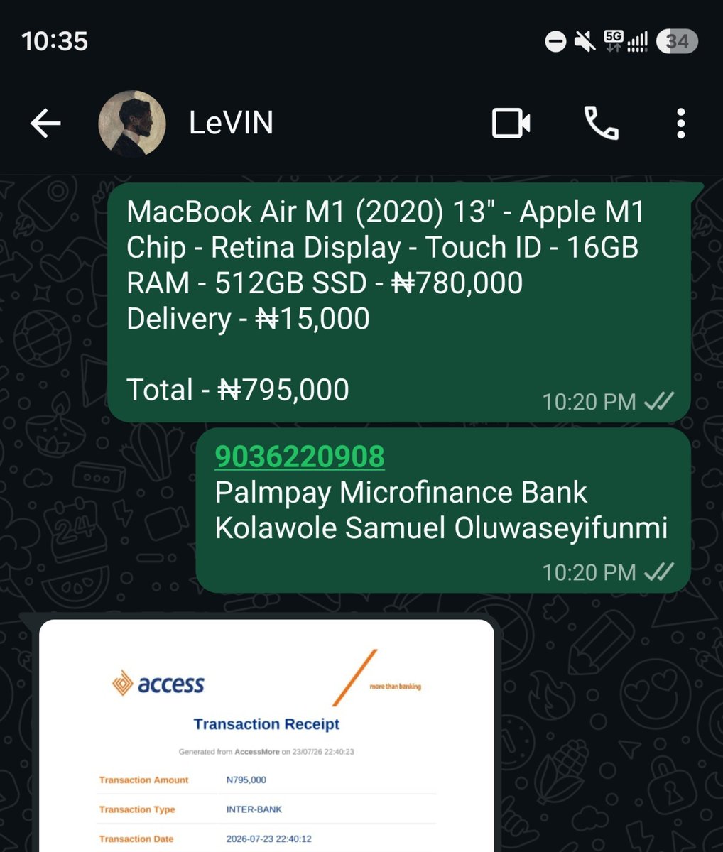 SamuelKolawole0's tweet photo. Still CT's most trusted gadgets plug, all by God's grace.

Levin got his HP EliteBook 845 G8 from me last year, and when it was time to upgrade, he came back for a solid MacBook for coding and video editing.

Payment confirmed. 
Delivery completed successfully. 📌

MacBook Air M1 (2020) 13-inch
• Apple M1 Chip
• 16GB RAM
• 512GB SSD
• 90% Battery Capacity
• Free Laptop Stand

📍 Delivered to Eket, Akwa Ibom State.

Congrats @hata_34
Your Continuous Patronage means a lot.❤️
