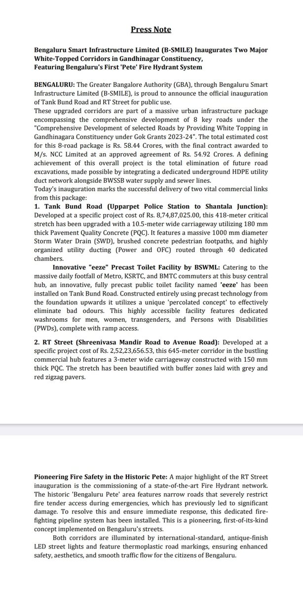 ChristinMP_'s tweet photo. Bengaluru's first dedicated fire hydrant network has been commissioned on RT Street in the historic Pete area to improve emergency response, while Tank Bund Road now features an 'eeze' precast public toilet. 

Greater Bengaluru Authority has opened both roads after completing white-topping works. The projects are part of an eight-road package worth Rs 54.92 crore in Gandhinagar constituency. Both roads have underground utility ducts, LED streetlights, upgraded footpaths & improved drainage. @GBA_office