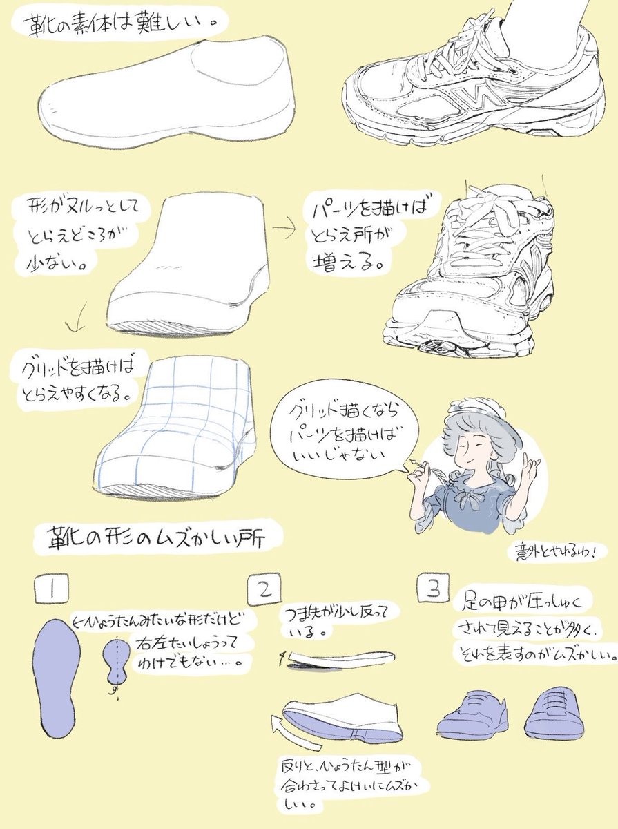 simodasketch's tweet photo. 立体的な絵を描くということは、立体であるという情報を絵に込めるという事です。パーツやデザインはそれらを表現するのに最適。そういった補助を使わずに描くと、形に違和感を感じても、どこが歪んでいるか把握しづらい。［簡略→具体］の方が理解しやすいモチーフもあれば、［具体→簡略］の方が理解しやすいモチーフもあると思っていて、靴はまさにその典型かなと思う。