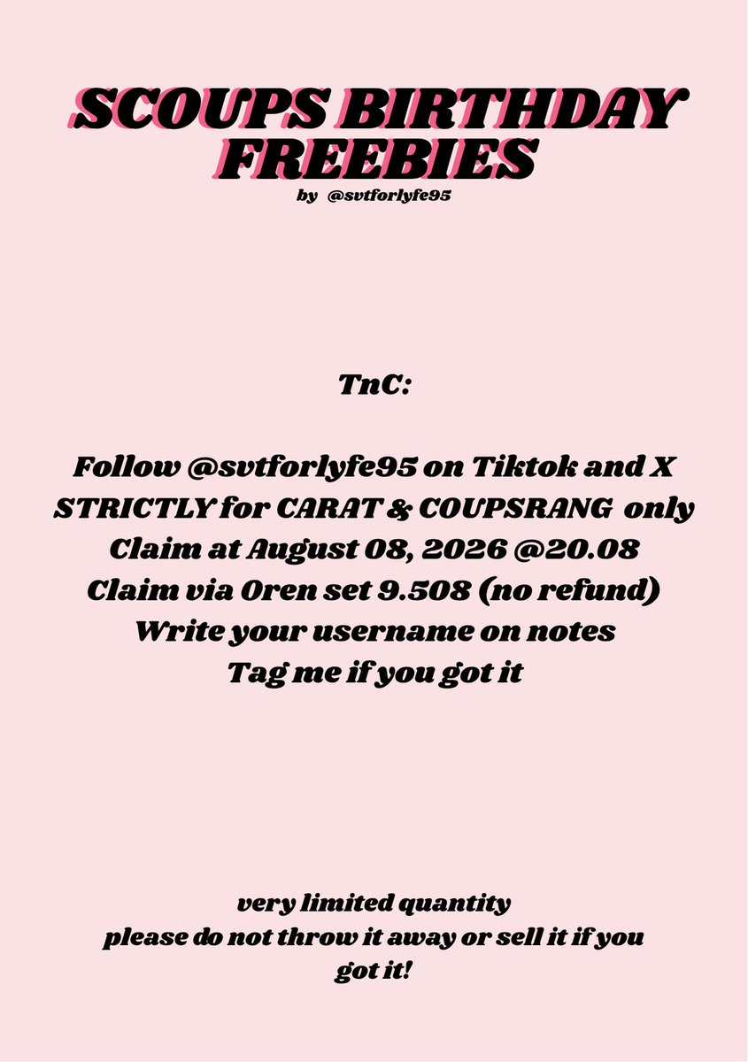 svtforlyfe95's tweet photo. 🍒SCOUPS BIRTHDAY FREEBIES🍒
by @svtforlyfe95 

Please read the tnc before claiming the freebies!
Very limited quantity!🥹
Link co akan di drop di komen ya, so make sure to stay tuned! https://t.co/T0ghH5hU0b
