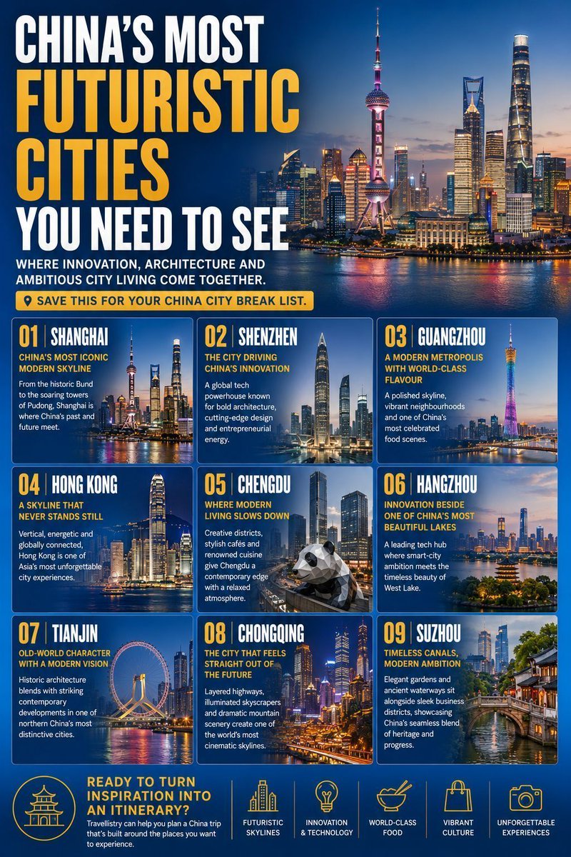 TravelistryUK's tweet photo. China's future is already here.
๐ Shanghai
๐ Shenzhen
๐ Chongqing
โจ Hangzhou
Which futuristic city is at the top of your bucket list?
#ChinaTravel #ModernChina #FutureCities #Travelistry https://t.co/6zkAaKzwsS