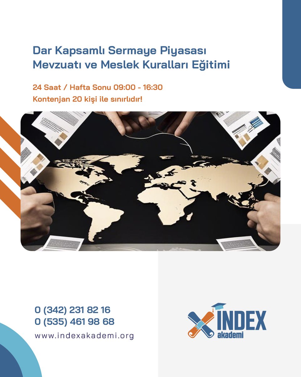 indexakademi's tweet photo. 📈 Sermaye piyasalarını mevzuatıyla öğrenin!

Sermaye piyasalarının temel yapısını, güncel mevzuatı ve meslek kurallarını ele alan eğitim programımız başladı.

⏳ 24 Saat | Hafta Sonu (09:00 - 16:30)
📞 0342 231 82 16 - 0535 461 98 58 🌐 https://t.co/h8twBhlyHy https://t.co/KjpSg3oBgK