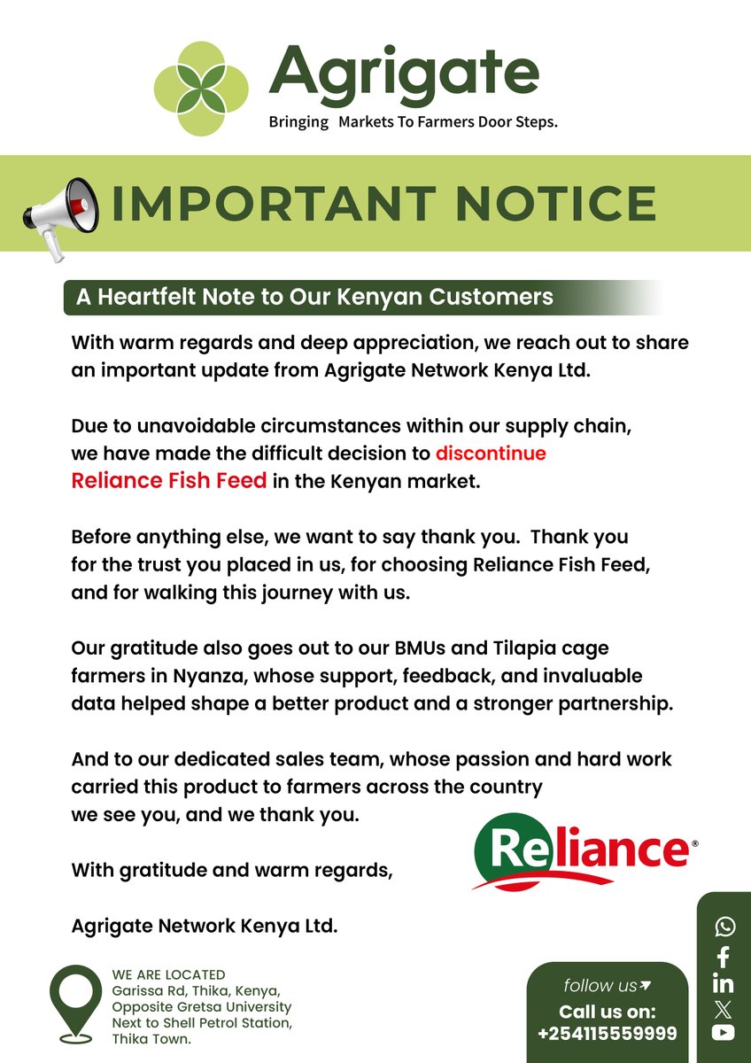 AgrigateKenya's tweet photo. IMPORTANT UPDATE: Discontinuation of Reliance Fish Feed in Kenya.
Agrigate Network Kenya has made the decision to discontinue Reliance Fish Feed due to supply chain issues.
Thank you to our fish farmers &amp; partners across Kenya for your trust. 

 #FishFarmingKE #AgrigateKenya https://t.co/TrDaCWAZch