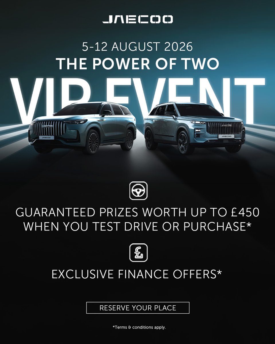 InvictaMotors's tweet photo. ๐ Two years of JAECOO on UK roads! Celebrate with us at Invicta JAECOO and explore our range of SUVs.
๐ Enjoy exclusive finance offers & a chance to win amazing prizes!
Visit us in Preston, Bolton, Ashford, Barnet, Maidstone & Thanet.
#JAECOO #SHS #InvictaMotors #VIPEvent https://t.co/3Nc3SDMNWs