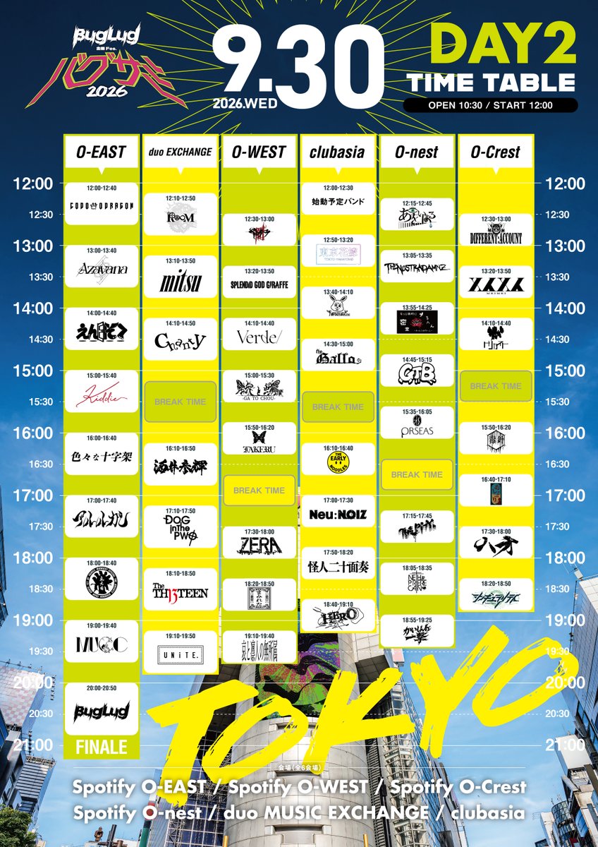 dkbr_info's tweet photo. 【タイムテーブル解禁】

2026年9月30日(水)
BugLug主催Fes.『バグサミ 2026東京』

Spotify O-EAST / Spotify O-WEST / Spotify O-Crest / Spotify O-nest / duo MUSIC EXCHANGE / clubasia

開場 10:30 / 開演 12:00

前売 9,000円 / 当日 10,000円
(各税込み・各ドリンク代別)
※全会場出入り自由・但し入場制限有り

2次先行受付（抽選申込】
7月23日(木) 18:00～8月3日(月) 23:59
当落発表：8月7日(金)
入金期間：8月7日(金) 12:00～8月11日(火) 21:00
プレイガイド：イープラス

【一般発売(先着)】
8月22日(土)10:00～
プレイガイド：イープラス、ぴあ、ローチケ

【総合問い合わせ】
NEXTROAD
03-5114-7444 (平日14:00～18:00)