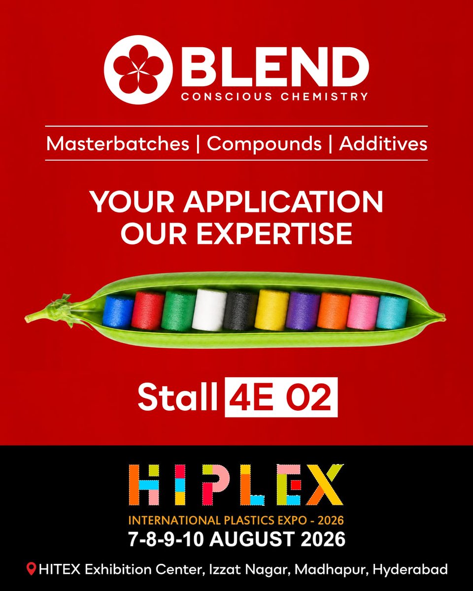 blend_conscious's tweet photo. Your Application. Our Expertise.

Meet us at HIPLEX 2026 to discover advanced Masterbatches, Compounds &amp; Additives.

📍 Stall 4E02
📅 7–10 August 2026
📍 HITEX Exhibition Center, Izzat Nagar, Madhapur, Hyderabad

🌐 https://t.co/9bKdPii08B

#HIPLEX2026 #Blend https://t.co/xKDZRx7Gte