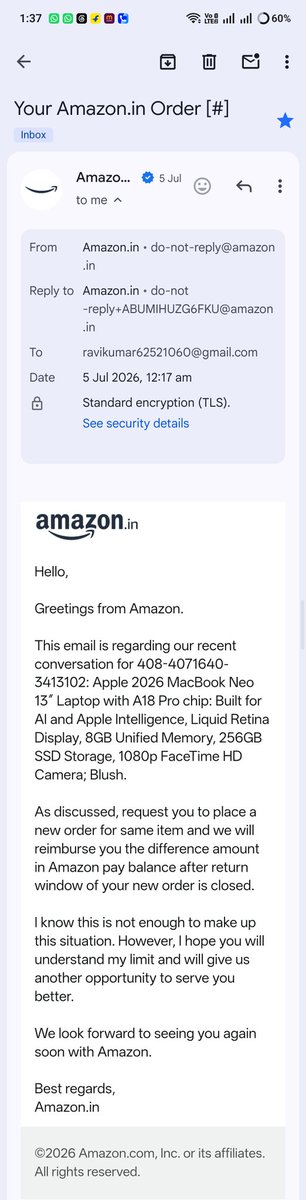 ravikumar6252's tweet photo. Order cancelled, said for fresh order &amp; promise reimburse  price difference amount. After order return period requested for this. Denying to give me price difference 
Old order- 408-4071640-3413102
new order- 408-1999583-4000307
Price difference- ₹13463.17
@amazonIN @AmazonHelp https://t.co/vrxIoxR2Dz
