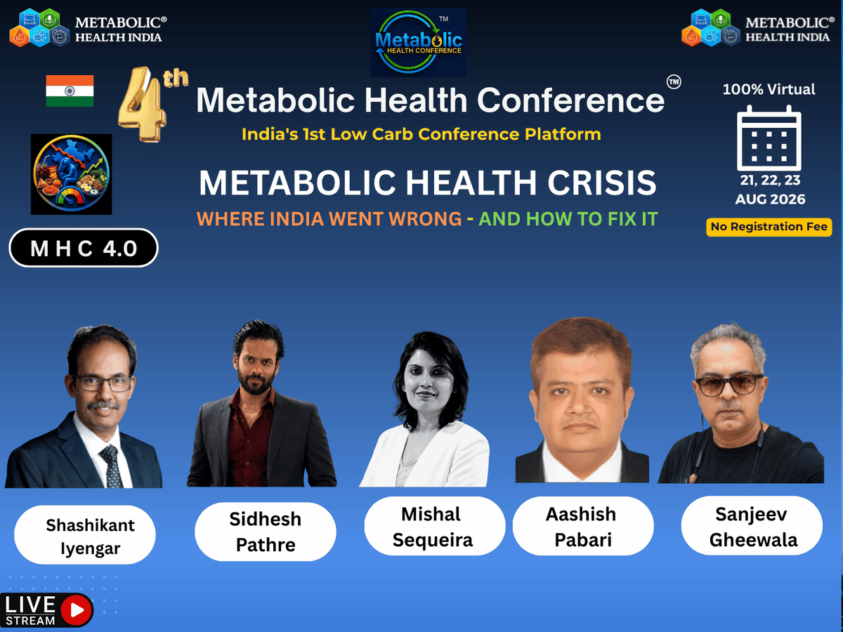 shashiiyengar's tweet photo. 🎙️ Special Session Announcement

We are delighted to introduce a distinguished panel of experts for a special interactive session at the 4th Metabolic Health Conference (MHC 4.0).

This dedicated session will address questions from participants and discuss practical, evidence-based approaches to improving metabolic health.

Join us as leading experts from India and around the world come together to discuss this year's theme:

"Metabolic Health Crisis: Where India Went Wrong - and How to Fix It."

📅 21–23 August 2026 
🌐 100% Virtual 
🎟️ No Registration Fee

Stay tuned as we continue unveiling our distinguished speaker lineup.

The registration and joining link will be shared shortly. Watch this space!

@shashiiyengar @PathreSidhesh @FastingCoach_MS @aashishpabari @Mindzatwork