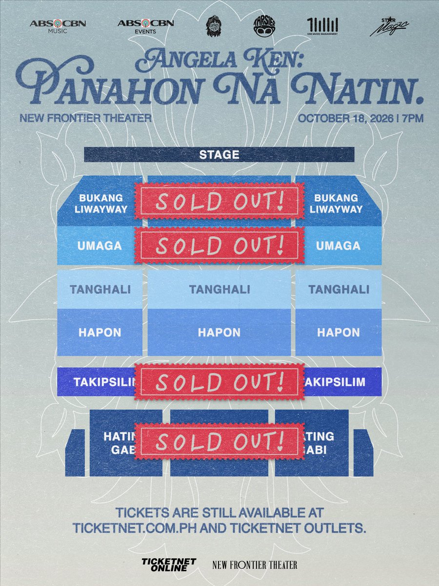 tarsierrecords's tweet photo. BAKA BUKAS, UBOS NA ‘TO!!!

SOLD OUT SEATS FOR:
💙 BUKANG LIWAYWAY (SSVIP)  
💙 UMAGA (SVIP)
💙 TAKIPSILIM (LOGE)
💙 HATING GABI (BALCONY) 

calling all Tanghali and Hapon people! your seats are still waiting for you! 
🔗: https://t.co/mSihnHsSKa

#TarsierRecords #PanahonNaNatin https://t.co/b0VlKFfTa9