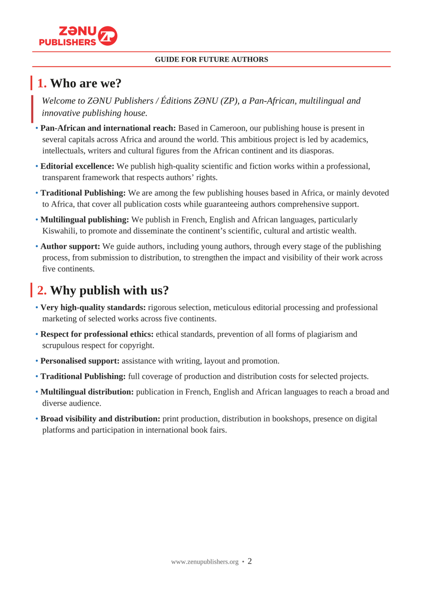 ZenuPublishers's tweet photo. 𝐃𝐨 𝐲𝐨𝐮 𝐡𝐚𝐯𝐞 𝐚 𝐦𝐚𝐧𝐮𝐬𝐜𝐫𝐢𝐩𝐭 𝐚𝐧𝐝 𝐰𝐨𝐮𝐥𝐝 𝐲𝐨𝐮 𝐥𝐢𝐤𝐞 𝐭𝐨 𝐛𝐞𝐭𝐭𝐞𝐫 𝐮𝐧𝐝𝐞𝐫𝐬𝐭𝐚𝐧𝐝 𝐭𝐡𝐞 𝐩𝐮𝐛𝐥𝐢𝐬𝐡𝐢𝐧𝐠 𝐩𝐫𝐨𝐜𝐞𝐬𝐬 𝐚𝐭 𝐙Ə𝐍𝐔 𝐏𝐮𝐛𝐥𝐢𝐬𝐡𝐞𝐫𝐬?

𝐙Ə𝐍𝐔 𝐏𝐮𝐛𝐥𝐢𝐬𝐡𝐞𝐫𝐬 is pleased to make the English version of its 𝐆𝐮𝐢𝐝𝐞 𝐟𝐨𝐫 𝐅𝐮𝐭𝐮𝐫𝐞 𝐀𝐮𝐭𝐡𝐨𝐫𝐬 available to authors and future authors.

This document clearly presents:

✓ Our identity and editorial policy;

✓ The types of works we publish;

✓ The manuscript submission and evaluation stages;

✓ Our publishing and distribution procedures;

✓ The support provided to authors and researchers;

✓ The relevant contact details for submitting a publishing project.

Through this 𝐠𝐮𝐢𝐝𝐞, our publishing house aims to help every author prepare their manuscript more effectively, understand our editorial requirements and approach their publishing project with greater clarity.

𝐙Ə𝐍𝐔 𝐏𝐮𝐛𝐥𝐢𝐬𝐡𝐞𝐫𝐬 remains committed to promoting knowledge, African literary creativity and high-quality scientific works within a professional and transparent framework that respects authors’ rights.

The Guide for Future Authors is available free of charge from the official 𝐙Ə𝐍𝐔 𝐏𝐮𝐛𝐥𝐢𝐬𝐡𝐞𝐫𝐬 online store through our official website.

Download it in just one click to discover the different stages of our editorial process and learn how to submit your manuscript to our publishing house.

Access the online store directly through the link below 👇🏾👇🏾

🌐 https://t.co/Z2EEPNUWat

#ZenuPublishers #FutureAuthors #Publishing #PublishingHouse #AfricanPublishing #Manuscript #AfricanLiterature #ScientificResearch #AfricanAuthors #MultilingualPublishing