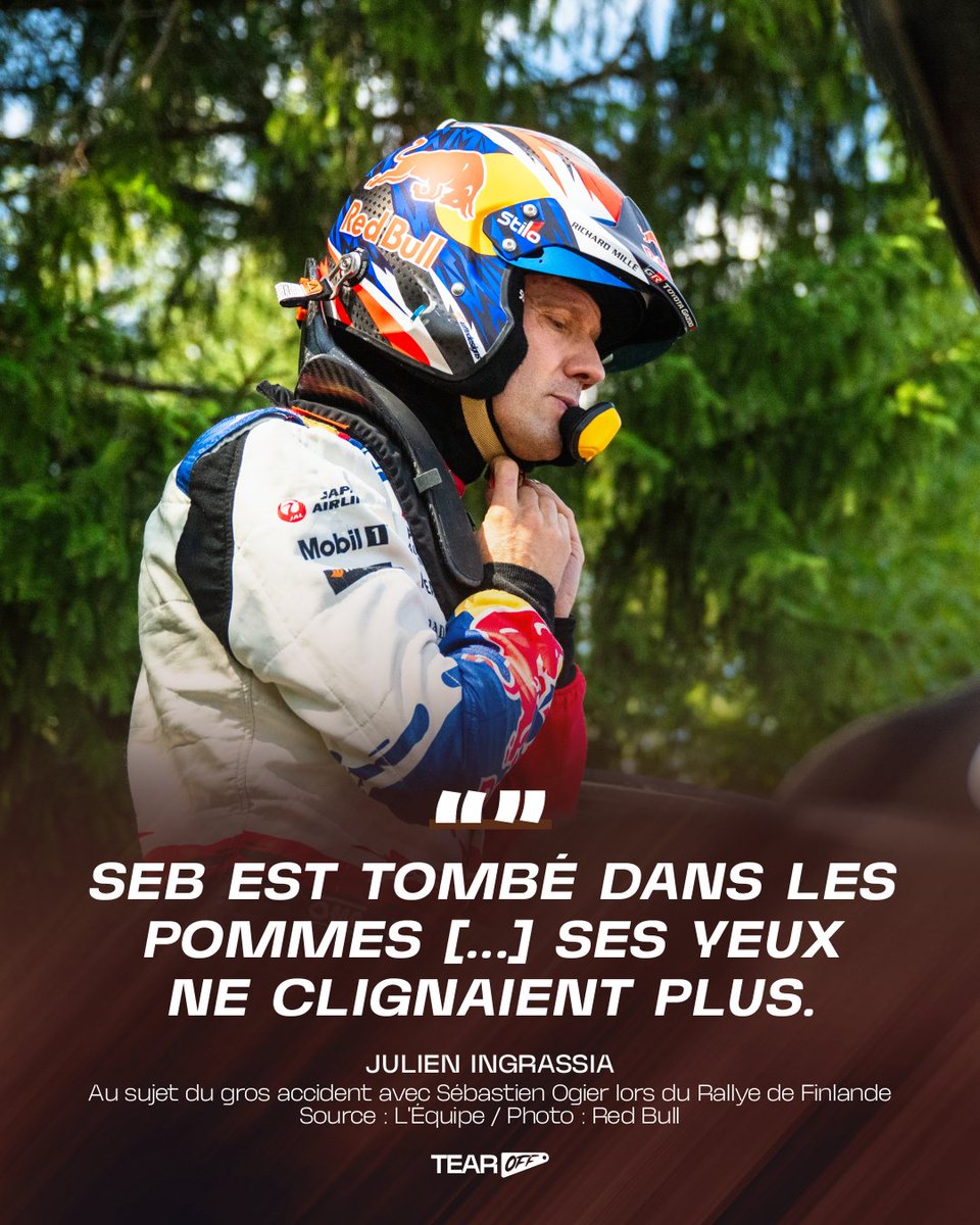 TearOffFR's tweet photo. 🟤 Julien Ingrassia est revenu sur l'effroyable accident survenu avec Sébastien Ogier ce samedi lors du Rallye de Finlande 🤕

💬 "Je vois Seb sortir, je vois que je n'ai pas été blessé, donc je suis la procédure : j'appuie sur le bouton OK de la voiture, ce qui fait qu'on n'envoie pas les secours et que la spéciale peut continuer. Mais le temps que je fasse ça, je vois Seb qui s'allonge dans l'herbe et qui tombe dans les pommes. De là, l'accident a pris une autre dimension. J'ai immédiatement activé la balise de détresse et je suis allé auprès de Seb. Ses yeux ne clignaient plus, il n'y avait plus de son, plus d'image. Avec deux ou trois spectateurs, on lui a tenu la tête, je lui faisais de l'air avec mon cahier de notes. C'était un moment inquiétant.

Je n'avais jamais eu affaire à ça dans ma vie, mais je savais qu'il fallait faire les choses calmement. Après avoir lancé l'alerte, j'ai appelé le team pour faire un bilan médical de ce que je voyais. J'ai aussi coupé le contact de la voiture parce qu'elle risquait de s'enflammer.

L'impact a été fort. Quand on rentre dans le virage, on est aux alentours de 140 km/h. Dans la voiture, tu lèves les yeux et tu vois les arbres face à toi. La dernière génération de voitures est ultrasolide, ça nous a bien aidés. 

On a regardé depuis ce qui s'était passé à cet endroit-là. À notre connaissance, il n'y a pas eu de défaillance de la voiture, du pilote ou du copilote.

C'est un rail qui s'est creusé dans ce virage et qui a catapulté la voiture vers la gauche plutôt que d'arriver à tourner vers la droite. "

(🗞️ @lequipe / #WRC / #SectoRallyFinland)