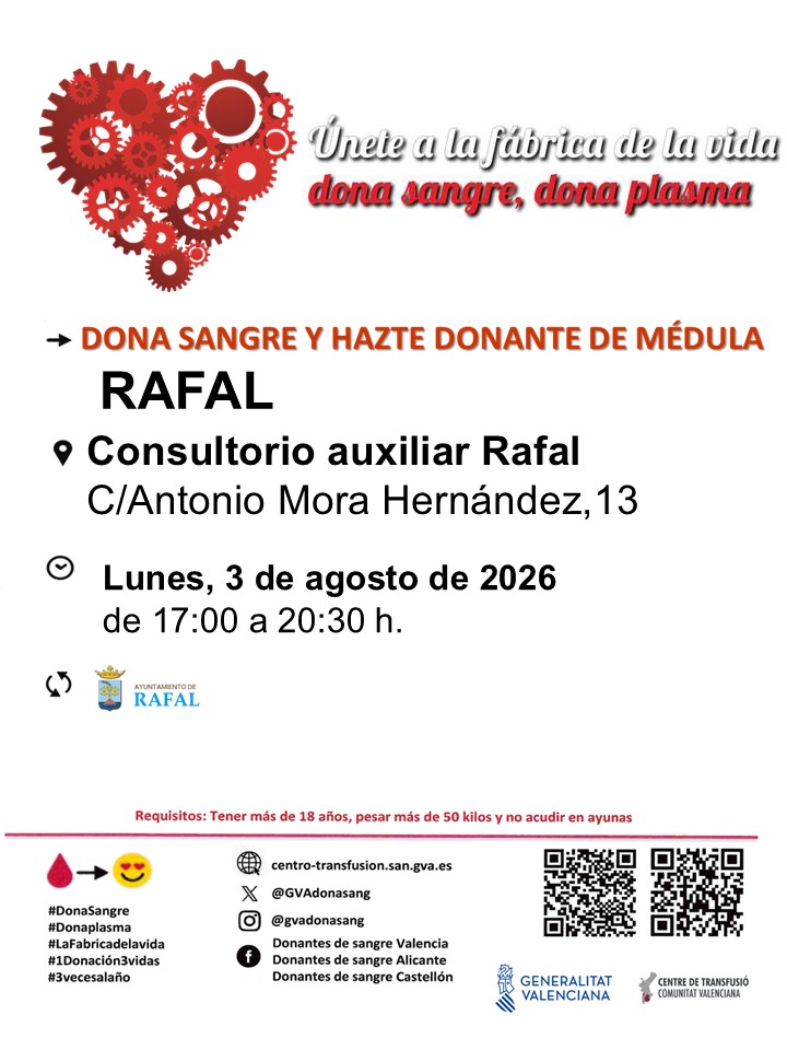 GVAdonasang's tweet photo. Dona sangre en #Rafal
📆 lunes #3Agosto
Las donaciones de sangre son imprescindibles todos los días 👉No esperes a una situación de emergencia, dona con regularidad.
#DonaSang #DonaPlasma.
Únete en la Fábrica de la vida❤ https://t.co/cSOQpuww5S