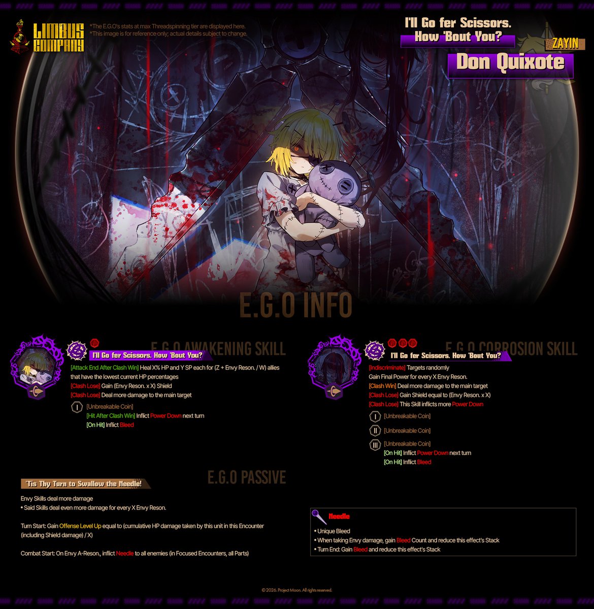 LimbusCompany_B's tweet photo. 2026.08.06 (KST) 신규 E.G.O 정보 안내 / 新規E.G.O情報のご案内 / New E.G.O Preview

[ZAYIN] 난 가위를 낼게, 너는? 돈키호테 / 私はチョキを出すね、そっちは？ ドンキホーテ / I'll Go fer Scissors. How 'Bout You? Don Quixote

https://t.co/iedpNP6Gmx

#LCB #림버스 #LimbusCompany #リンバス