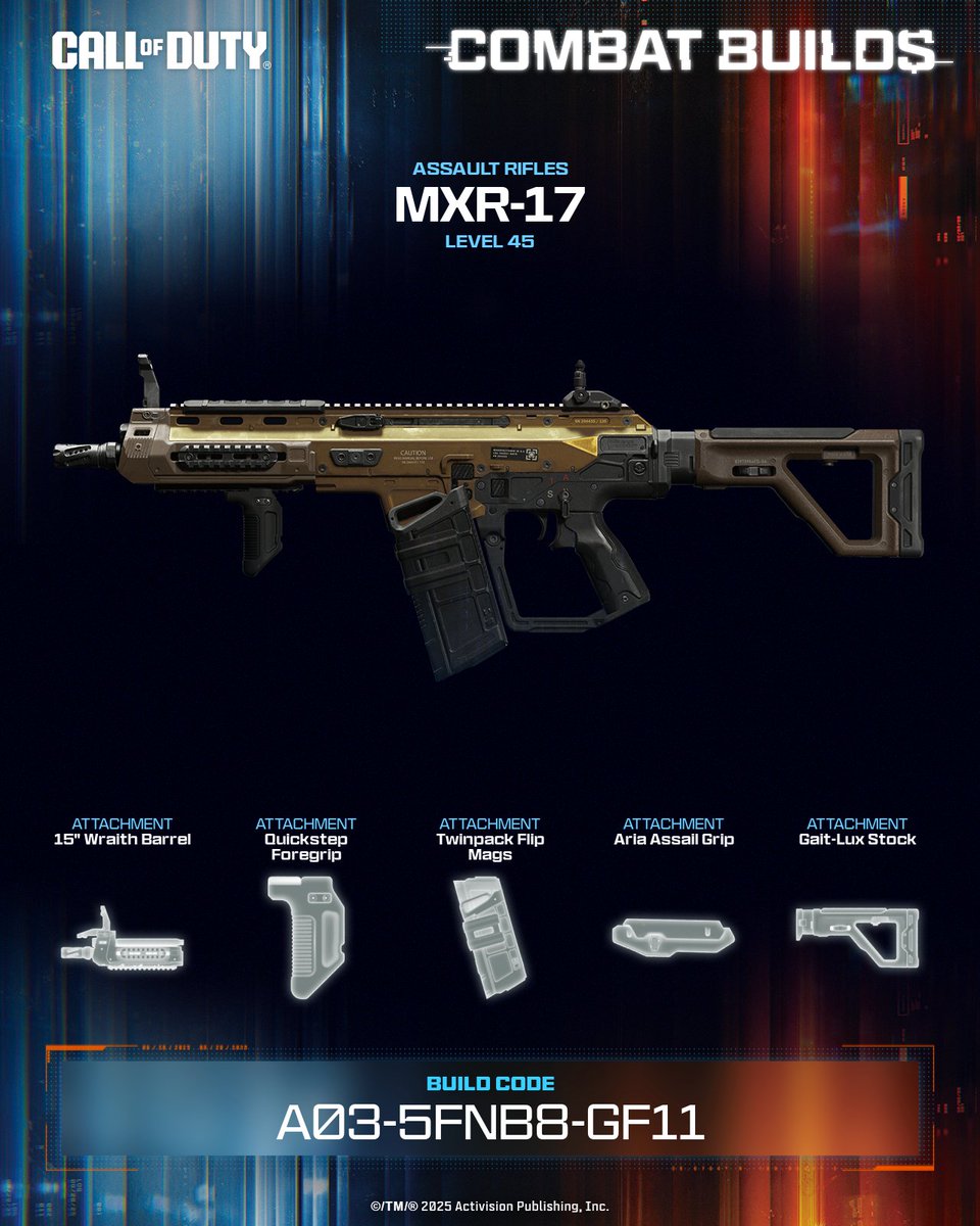 davysama22's tweet photo. Low recoil meets high mobility. This MXR-17 build adds snappy ADS, fast strafing, and nonstop movement 🏃‍♂️

💥 Equip this build now ➡️ A03-5FNAY-L951 #CallOfDuty #CODCombatBuilds https://t.co/JD7KtDRCJp