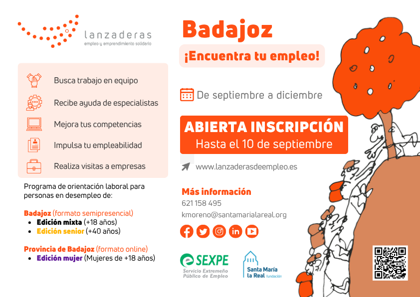 sexpeemplea's tweet photo. �� Plazo abierto para la ronda 2 de las Lanzaderas de Empleo de Badajoz 2026.
Las modalidades disponibles son:
👉🏻 Lanzadera Mixta.
👉🏻 Lanzadera Senior.
👉🏻 Lanzadera de Mujeres.
📝 Inscripciones hasta el 10 de septiembre de 2026: https://t.co/ilu0AtnRSB
#lanzaderasdeempleo #orientaciónlaboral #competencias