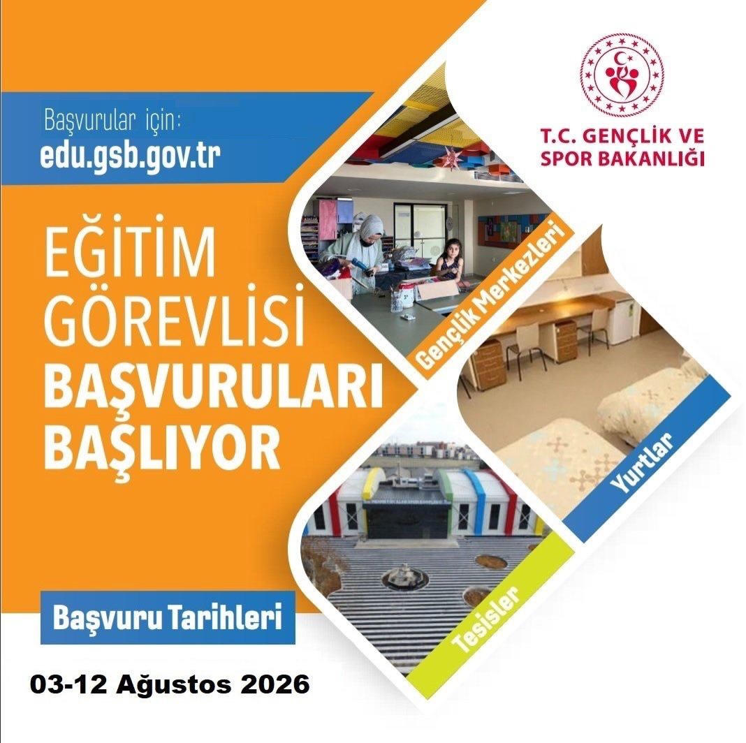 GSB_Konya's tweet photo. 📢 Eğitim Görevlisi Başvuruları Başladı❗

Kimler Başvurabilir❓
Gençlik ve Spor Bakanlığı bünyesinde; Gençlik Merkezlerinde, Yurtlarda ve Tesislerde görev almak isteyen eğitim görevlileri ve antrenörler.

🌐 Başvuru Adresi:
https://t.co/SS6htu0rhv

📆Son Başvuru Tarihi: 12 Ağustos 2026
@OA_BAK @gencliksporbak