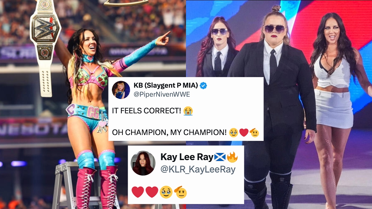 WrestleTalk_TV's tweet photo. Chelsea Green's former Slaygents in the Secret Hervice Piper Niven and Kay Lee Ray (Alba Fyre) react to her Interim WWE Women's Championship win at SummerSlam 🫡❤️ https://t.co/ppSlFJbBud