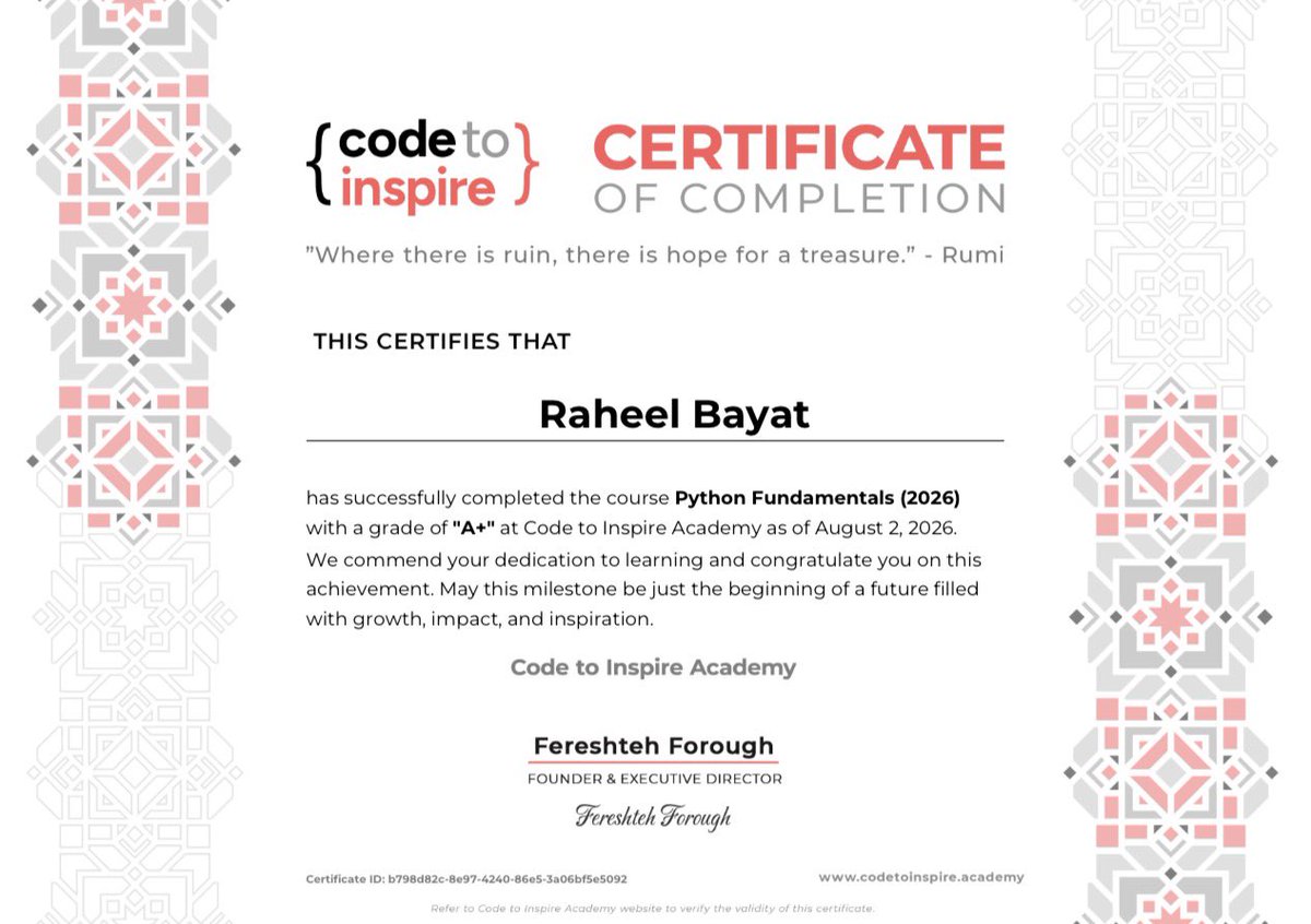 BayatRaheel's tweet photo. Huge thanks to @CodeToInspire , Dr. Fereshta Forogh @f_forough , and Professor Aalem Daneshyar @a_daneshyar for your incredible mentorship and support over the past 6–7 months. Honored to complete the program with an A+! Grateful for this inspiring journey. 
Congrats to everyone! https://t.co/hZpIvLudON