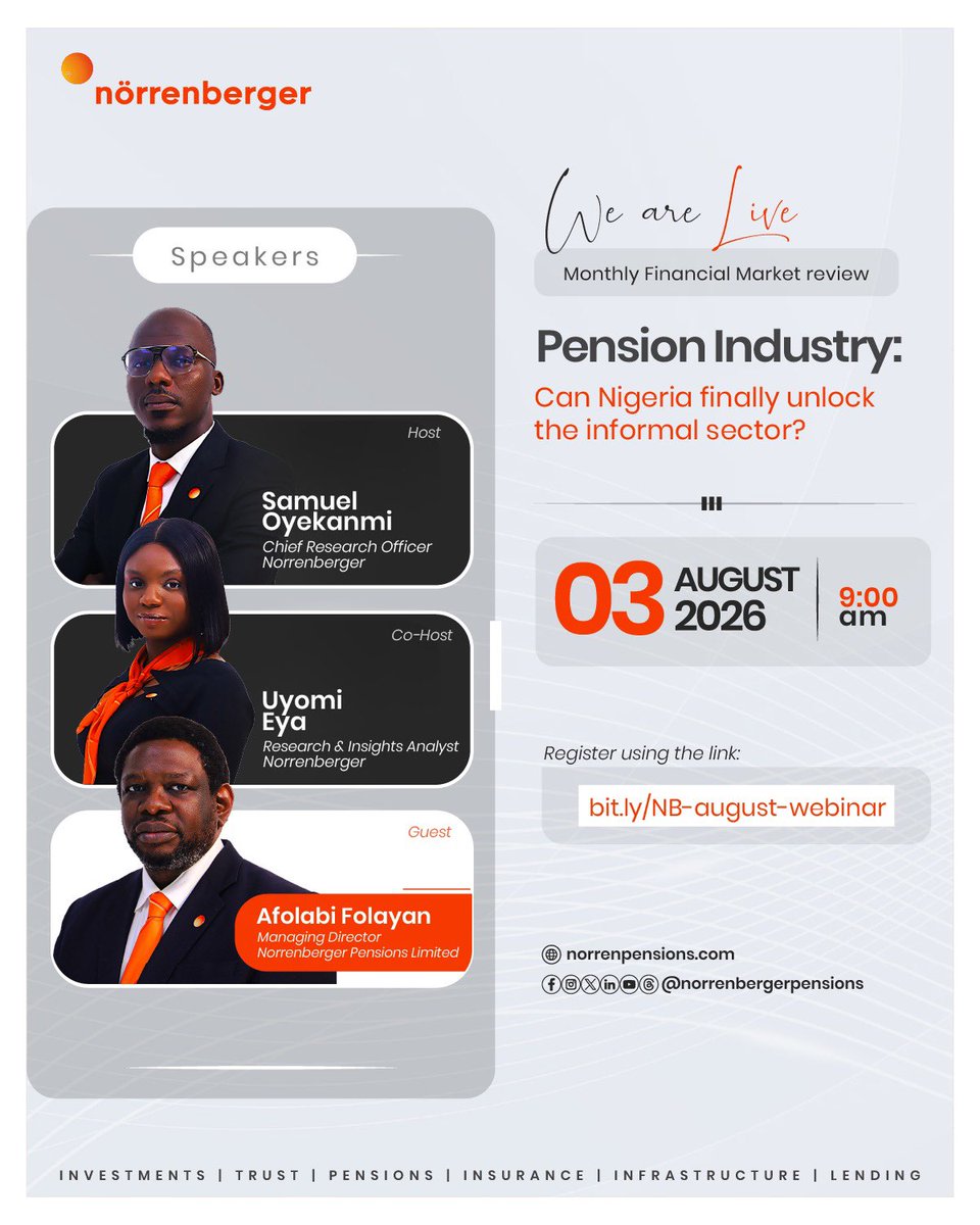 Norrenberger's tweet photo. We're live today at 9:00 AM!

Don't miss this edition of the Monthly Financial Market Review, where we'll discuss:Pension Industry: Can Nigeria finally unlock the informal sector?

If you haven't registered yet, there's still time to join us.

🔗 https://t.co/lWMOjXXpMB

#Norrenberger #MonthlyMarketReview #NPL #Pensions #FinancialMarkets