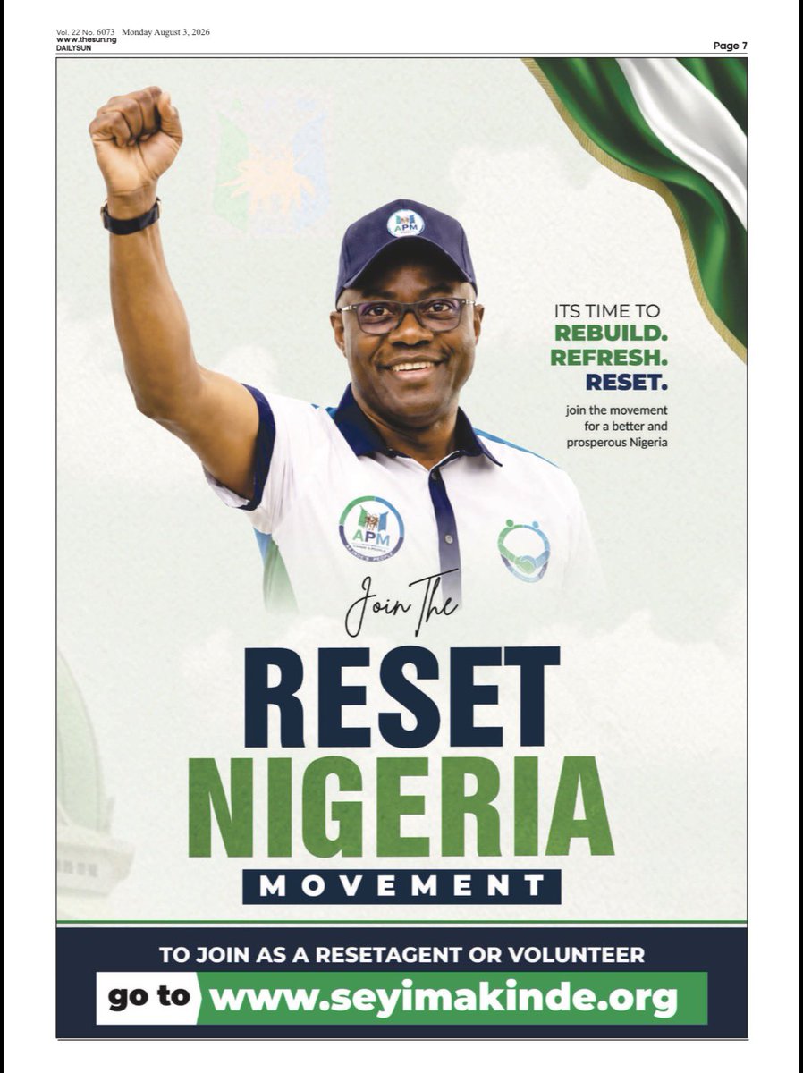 OfficialSeyi027's tweet photo. Resetting Nigeria 2027: Launch of Governor Seyi Makinde’s Website and Unveiling of National Volunteer & Reset Agent Portals.

Marking a pivotal turning point in the movement to reclaim and revitalize the nation, the Presidential Candidate of the Allied People’s Movement (APM) under the Grand Alliance of the Peoples Democratic Party (PDP) @OfficialPDPNig and APM, Engr. Oluseyi Abiodun Makinde, today officially launched his presidential campaign website: https://t.co/rh2b552I3Z.

The unveiling of the interactive digital platform signals the formal commencement of the nationwide grassroots mobilization to reset Nigeria's economic, structural, and social trajectory ahead of the 2027 general elections.

Designed as a decentralized mobilization network, https://t.co/rh2b552I3Z equips citizens across the 36 states and the Federal Capital Territory with the digital tools needed to actively participate in the democratic process.

Key features of the portal include:

Reset Agent Registration: A dedicated engine for nationwide grassroots organizers, polling unit monitors, and community leaders committed to safeguarding votes and spreading the message of national restoration.

Volunteer Portal: A flexible registration system for skilled professionals, youth advocates, field workers, and diaspora support teams ready to contribute time, expertise, and resources.

Policy & Agenda Hub: Direct access to Governor Makinde’s blueprint for economic recovery, security architecture overhaul, infrastructure renewal, and inclusive governance.

In light of the economic hardship, security challenges, and governance deficits experienced under the current administration, the PDP-APM Grand Alliance extends an open invitation to all patriotic citizens, youth organizations, civil society groups, and voters across political lines.

Whether you are an experienced grassroots organizer or a first-time voter eager for genuine change, your voice and effort matter in this campaign.

How to Join the Movement:

1. Visit https://t.co/rh2b552I3Z.
2. Select "Register as a Reset Agent" or "Become a Volunteer."
3. Complete your profile with a registered email address, your voter’s card vin number (if you are a registered voter or skip if not already registered), visit your email for verification, fill in your telephone number, and complete the registration.

The journey to reset  Nigeria with Governor Seyi Makinde @seyimakinde starts now. Join us to build a nation that works for everyone.

#NigeriaFirst #NigeriaAlways