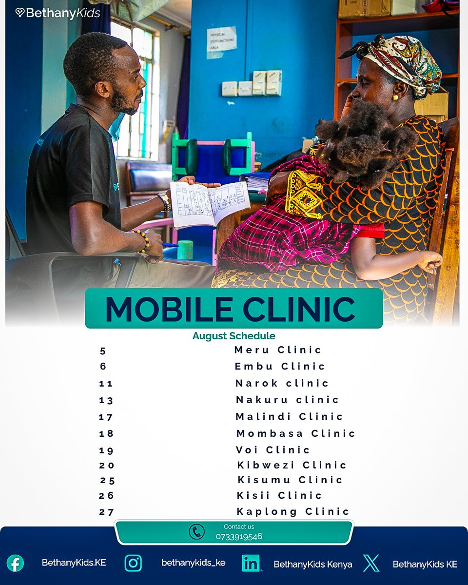 BethanyKidsKE's tweet photo. To all our valued friends and clients,

We are pleased to share our mobile clinic schedule for August. Through these outreaches, we continue to extend care to underserved communities and ensure that no child is left behind.

#LoveHeals
#BethanyKidsKenya
#mobileclinicprogram https://t.co/RQjhLPWdZW