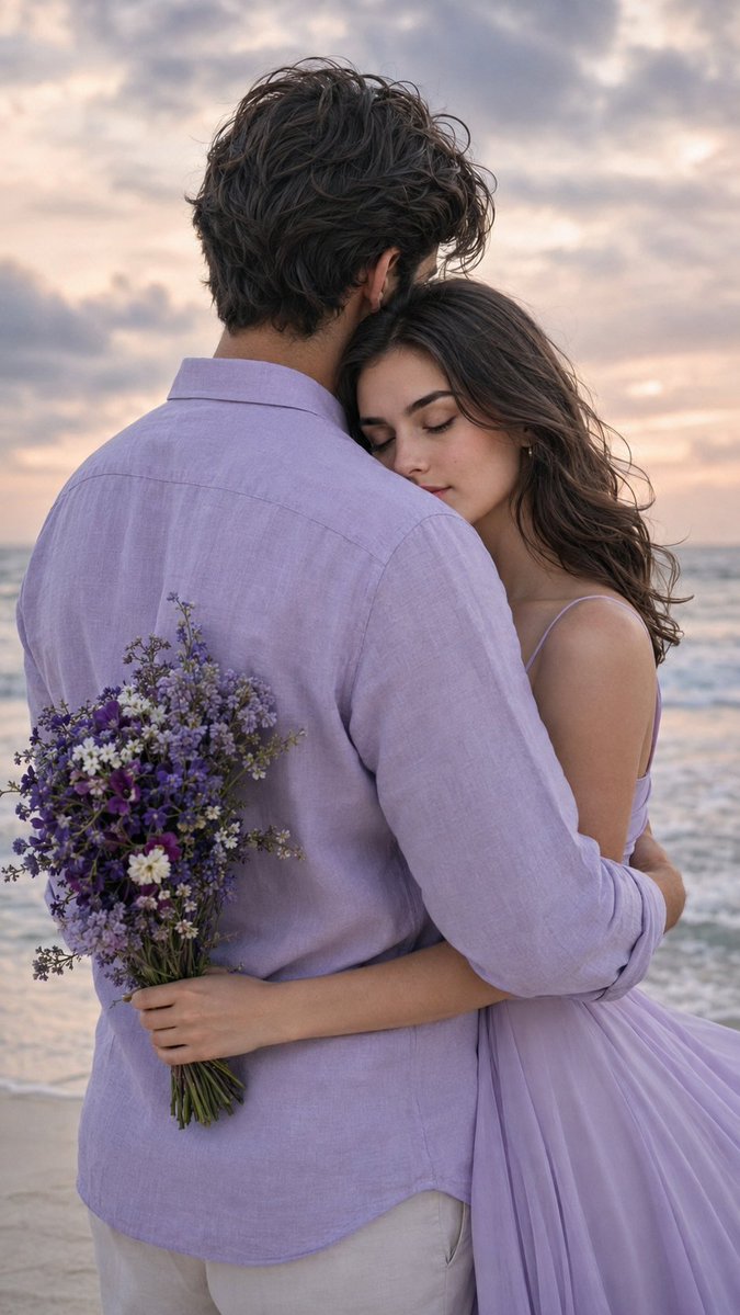 gemini_prompts's tweet photo. Trend 744
Ocean and you 💜

Prompt:
"Use the uploaded photo as the face reference. Preserve the exact facial identity, proportions, skin tone, and natural facial features of both subjects. Create an ultra-realistic close-up romantic beach scene with a calm ocean, soft waves, and a cloudy pastel sky in the background. The man wears a light lavender linen shirt, while the woman wears a modern pastel lavender western outfit such as an elegant satin evening gown, flowing chiffon dress, or off-shoulder maxi dress with graceful movement. The scene has natural diffused overcast lighting, a dreamy atmosphere, soft cinematic color grading, gentle wind moving the fabric, shallow depth of field, an 85mm lens look, ultra-realistic detail, natural skin texture, emotional intimacy, sharp focus on the couple, and a softly blurred ocean background. Aspect ratio 9:16.

Pose:
1. The couple stands face-to-face with their foreheads gently touching. The man softly wraps one arm around her waist while she lightly places a hand on his chest. Both have relaxed, affectionate expressions.  

2. The couple stands side by side facing the ocean. The man wraps one arm around her shoulders while she leans into him, gently holding his arm with both hands.

3. The man faces away from the camera, gently embracing the woman. She rests her head on his shoulder with her eyes closed and a peaceful expression while holding a small bouquet of purple and white flowers behind his back.

Negative prompt: plastic skin, heavy airbrushing, cartoon, CGI, mismatched eye colours, distorted anatomy, extra fingers or limbs, poor shadows, incorrect projector lighting, text, watermark"