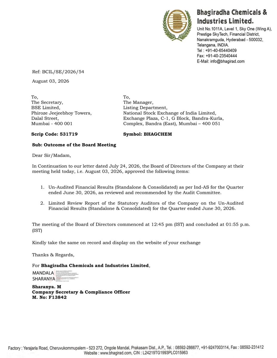 _Investor_Feed_'s tweet photo. Bhagiradha Chemicals Q1 FY27 Results: Strong Revenue & Profit Growth 📈 | MCap 3,914.06 Cr

- Standalone Revenue from Operations: Rs 17,367.32 lakhs in Q1 FY2027 vs Rs 12,377.78 lakhs in Q1 FY2026.
- Standalone Profit Before Tax: Rs 1,434.30 lakhs in Q1 FY2027 vs Rs 721.31 lakhs in Q1 FY2026.
- Standalone Profit for the period: Rs 1,068.10 lakhs in Q1 FY2027 vs Rs 828.73 lakhs in Q1 FY2026.
- Standalone Basic EPS: Rs 0.82 in Q1 FY2027 vs Rs 0.64 in Q1 FY2026.
- Consolidated Revenue from Operations: Rs 19,501.89 lakhs in Q1 FY2027 vs Rs 12,377.78 lakhs in Q1 FY2026.
- Consolidated Profit Before Tax: Rs 1,754.28 lakhs in Q1 FY2027 vs Rs 250.14 lakhs in Q1 FY2026.
- Consolidated Profit for the period: Rs 1,332.92 lakhs in Q1 FY2027 vs Rs 397.91 lakhs in Q1 FY2026.
- Consolidated Basic EPS: Rs 1.03 in Q1 FY2027 vs Rs 0.31 in Q1 FY2026.
- The company's only reportable segment is Crop Protection Chemicals.
- Consolidated results include parent company and wholly-owned subsidiary Bheema Fine Chemicals Private Ltd.

Disc: Information provided in this tweet can be inaccurate, verify through the source in reply before making any investment decision.

Preview 👇 (First 4 out of 9 pages)