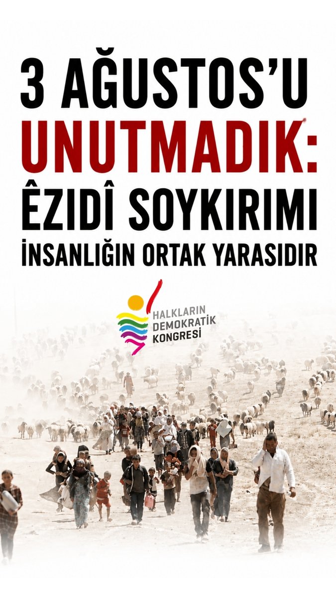 HDK_KONGRE's tweet photo. 3 Ağustos'u Unutmadık: Êzidî Soykırımı İnsanlığın Ortak Yarasıdır 

3 Ağustos 2014'te IŞİD'in Şengal'e yönelik gerçekleştirdiği saldırılar, Êzidî halkını hedef alan bir soykırıma dönüştü. Binlerce insan katledildi, kadınlar ve çocuklar kaçırılarak köleleştirildi, yüz binlerce Êzidî yurdundan edildi. Bu saldırı, halkların ortak yaşamına, inanç özgürlüğüne ve insanlığın ortak vicdanına yönelmiş ağır bir suçtur. 

Şengal'de bölgesel savaş politikaları, uluslararası güçlerin sessizliği ve cezasızlık anlayışı bu soykırımın gerçekleşmesine zemin hazırlamış, sonrasında da adaletin tesis edilmesini engellemiştir. Aradan geçen yıllara rağmen kayıpların akıbeti tam olarak aydınlatılmamış, kaçırılanların tamamına ulaşılamamış ve sorumlular hesap vermemiştir. 

Bütün bu yıkıma rağmen Êzidî halkı, yaşamı yeniden kurma iradesinden vazgeçmedi.A Şengal'de inşa edilen demokratik ve özgür yaşam iradesi, halkların eşit, özgür ve ortak yaşam mücadelesine ilham vermeye devam ediyor. Bugün bu iradeyi hedef alan her türlü saldırı ve müdahale, soykırım siyasetinin farklı biçimlerde sürdürülmesidir. 

3 Ağustos Êzidî  Soykırımı'nda yaşamını yitirenleri saygıyla anıyor, Êzidî halkının acısını paylaşıyoruz. Savaşın, inkârın ve soykırım politikalarının karşısında yaşam kazanacaktır.